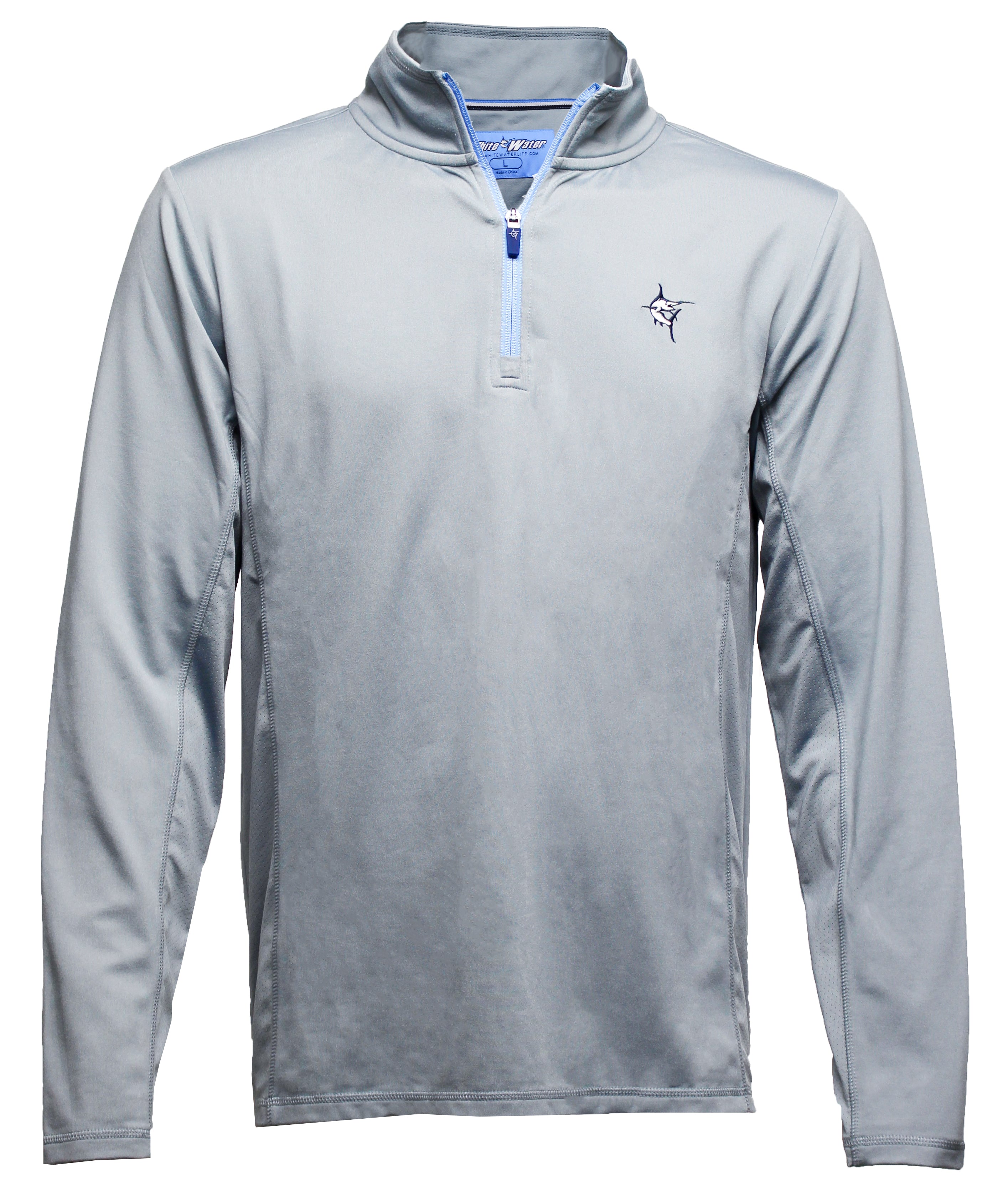 Gray long-sleeve pullover with a zipper on a white background