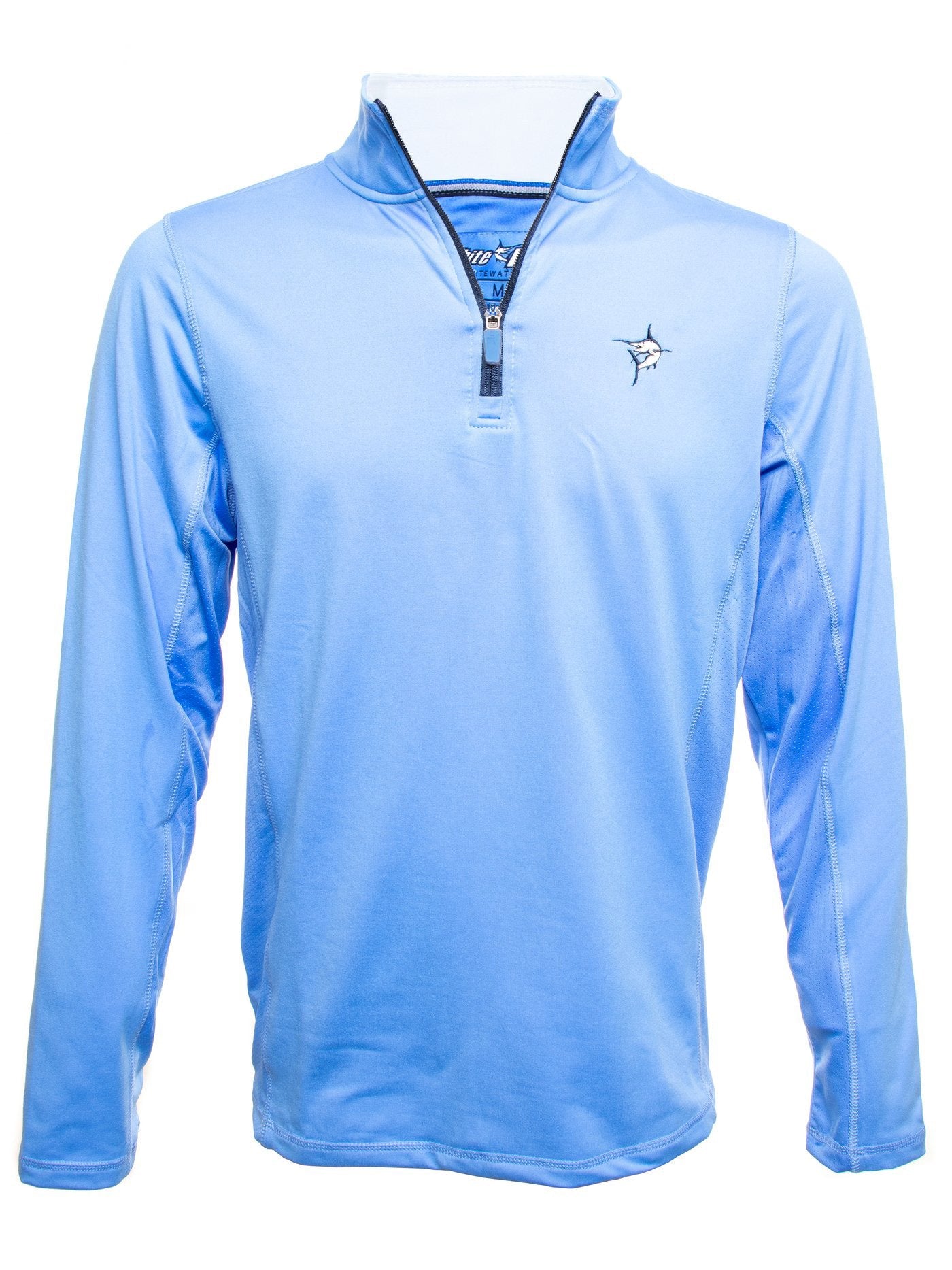 Light blue long-sleeve shirt with a logo on a white background