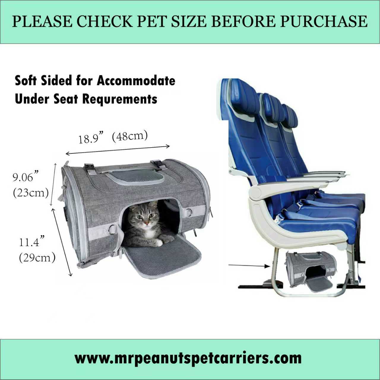 Pet carrier shown next to a seat with dimensions indicated, and a cat inside the carrier.