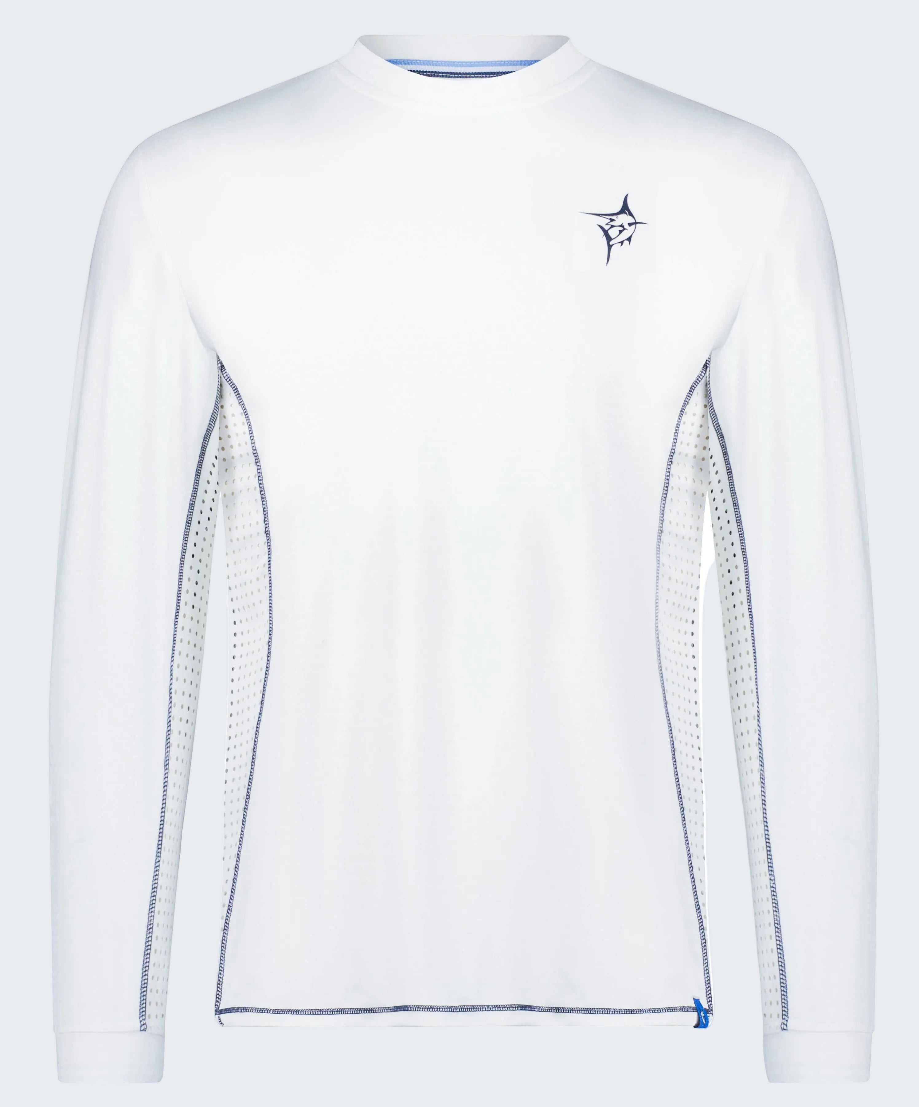White long-sleeve shirt with blue accents on a white background