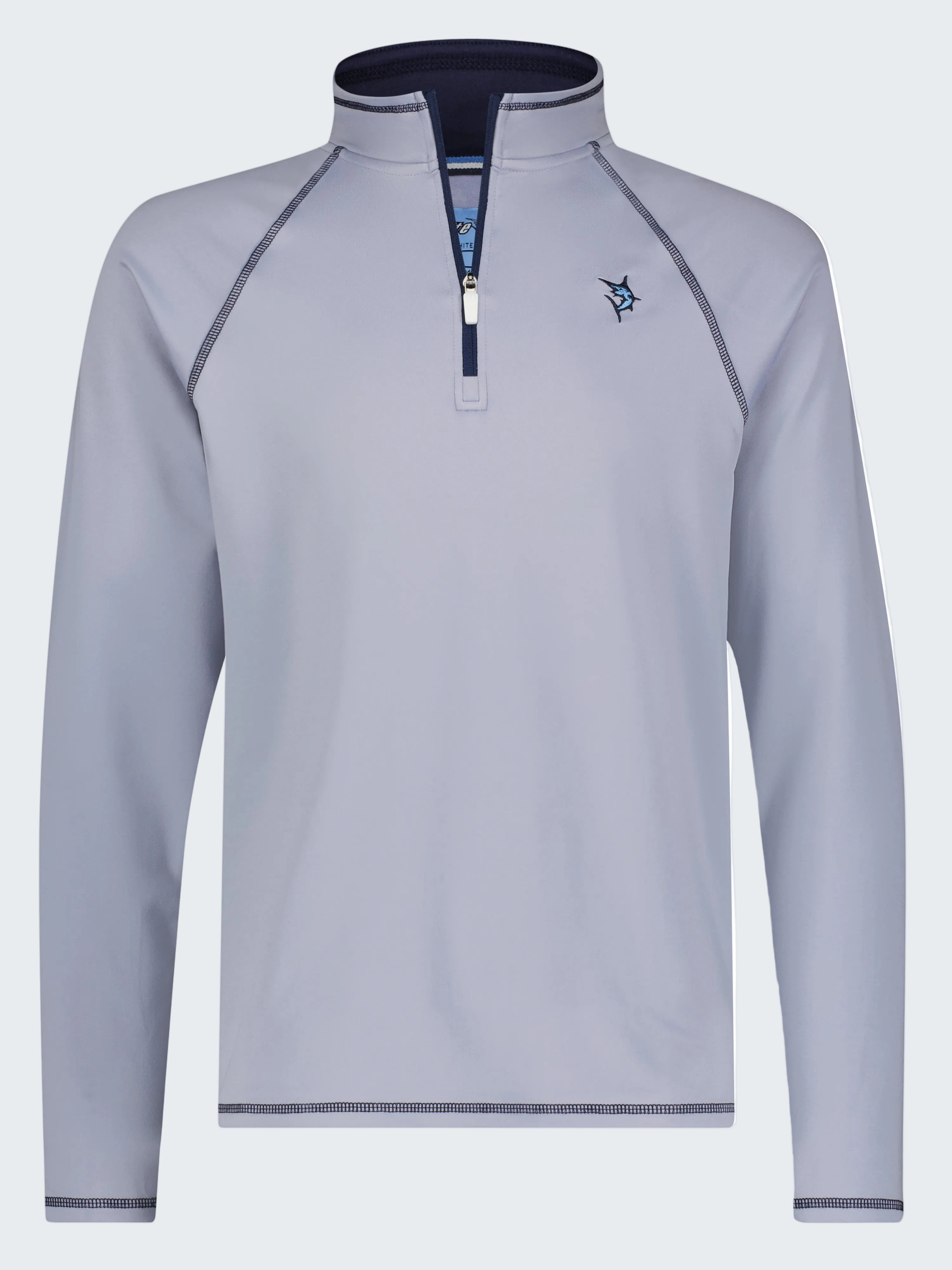 Light gray long-sleeve shirt with a quarter zip on a white background