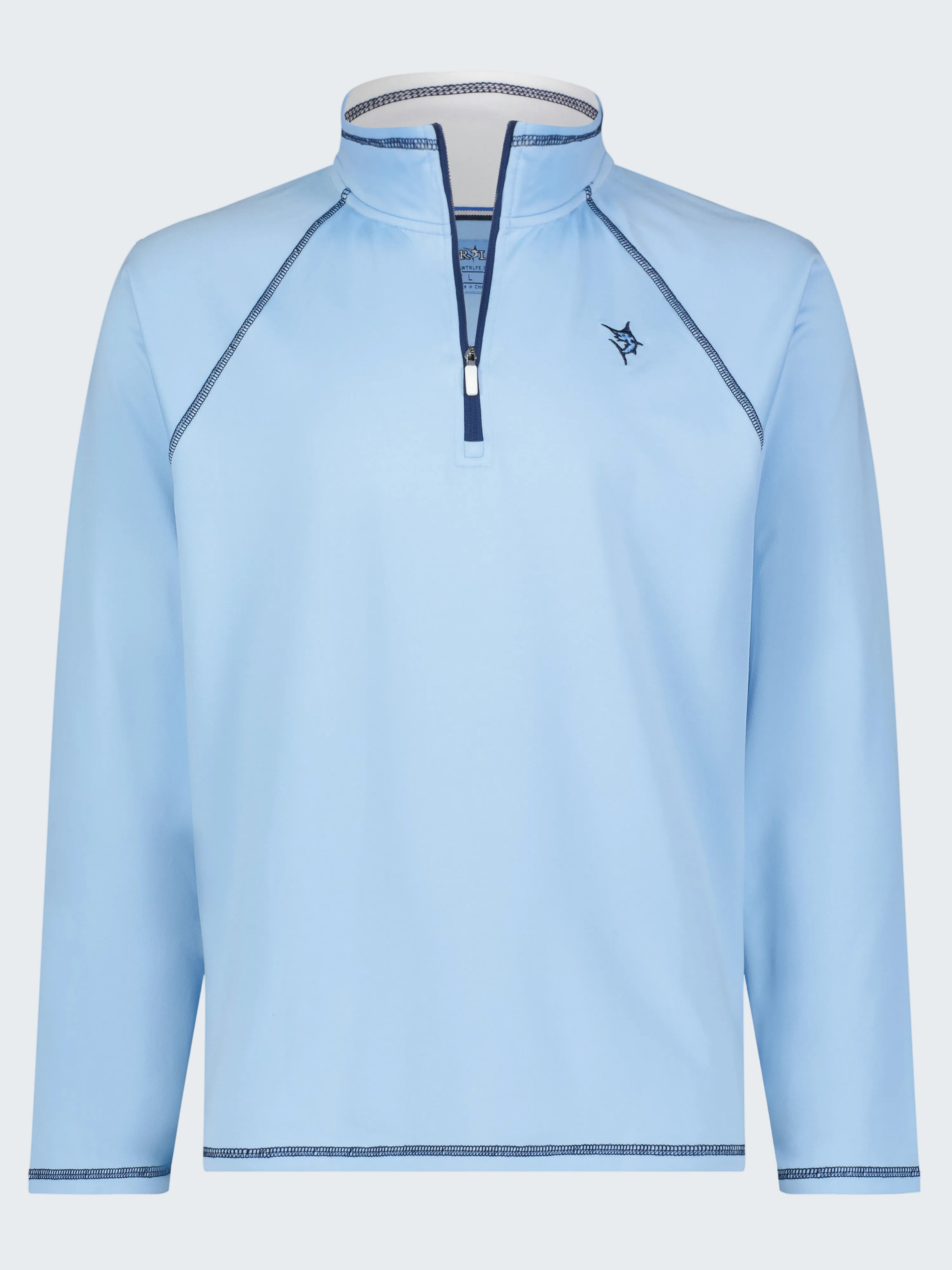 Light blue long-sleeve shirt with a zipper on a white background