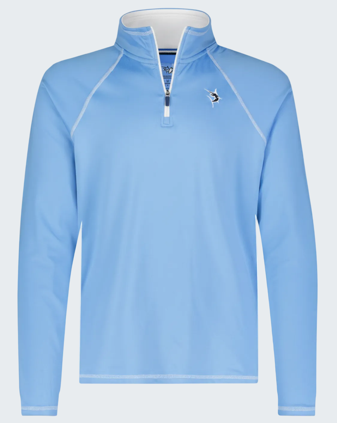 Light blue long-sleeve shirt with a quarter zip on a white background