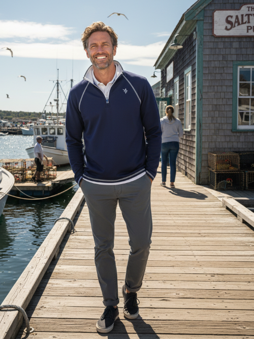 Man standing on a wooden dock by a waterfront with a building and boats in the background.