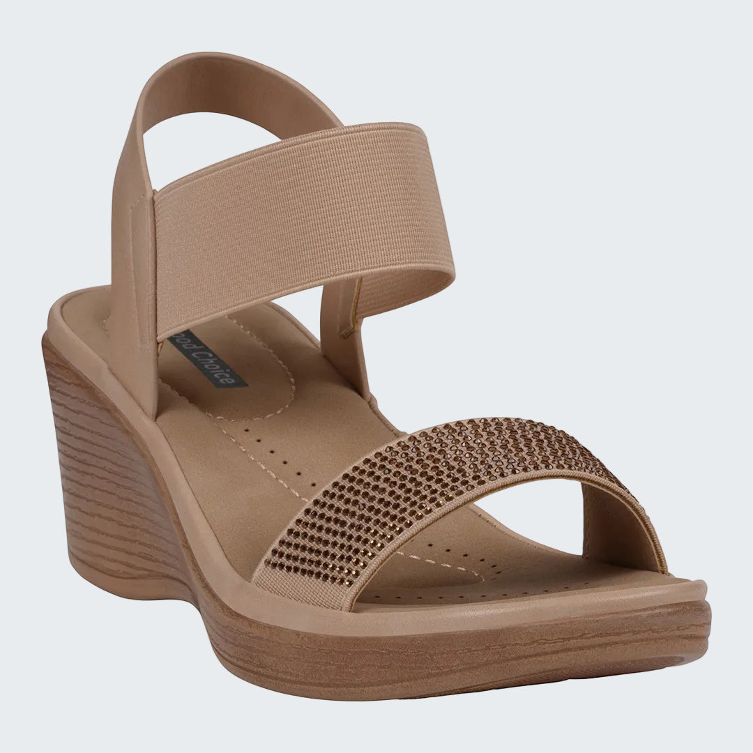 Beige wedge sandal with a strap and platform on a white background