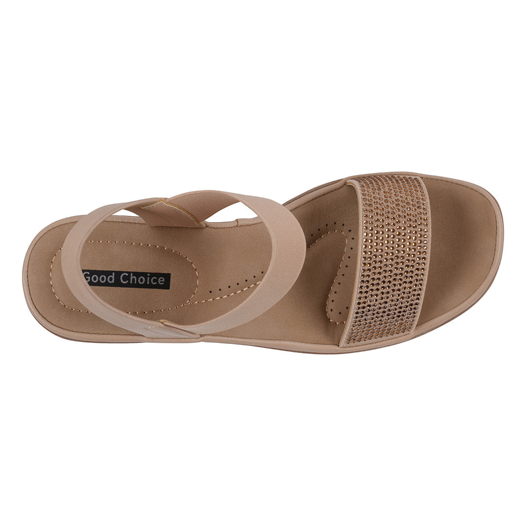 Beige sandal with 'Good Choice' label on a white background