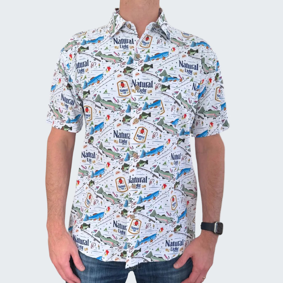 Short-sleeve shirt with a pattern of beer cans and fish on a white background