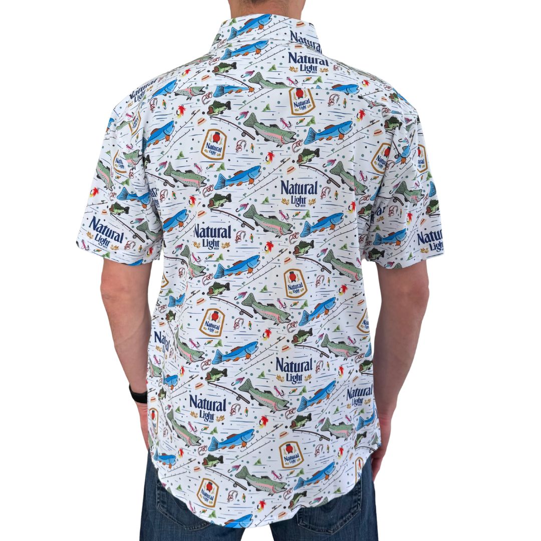Shirt with a pattern of fish and beer bottle designs on a white background