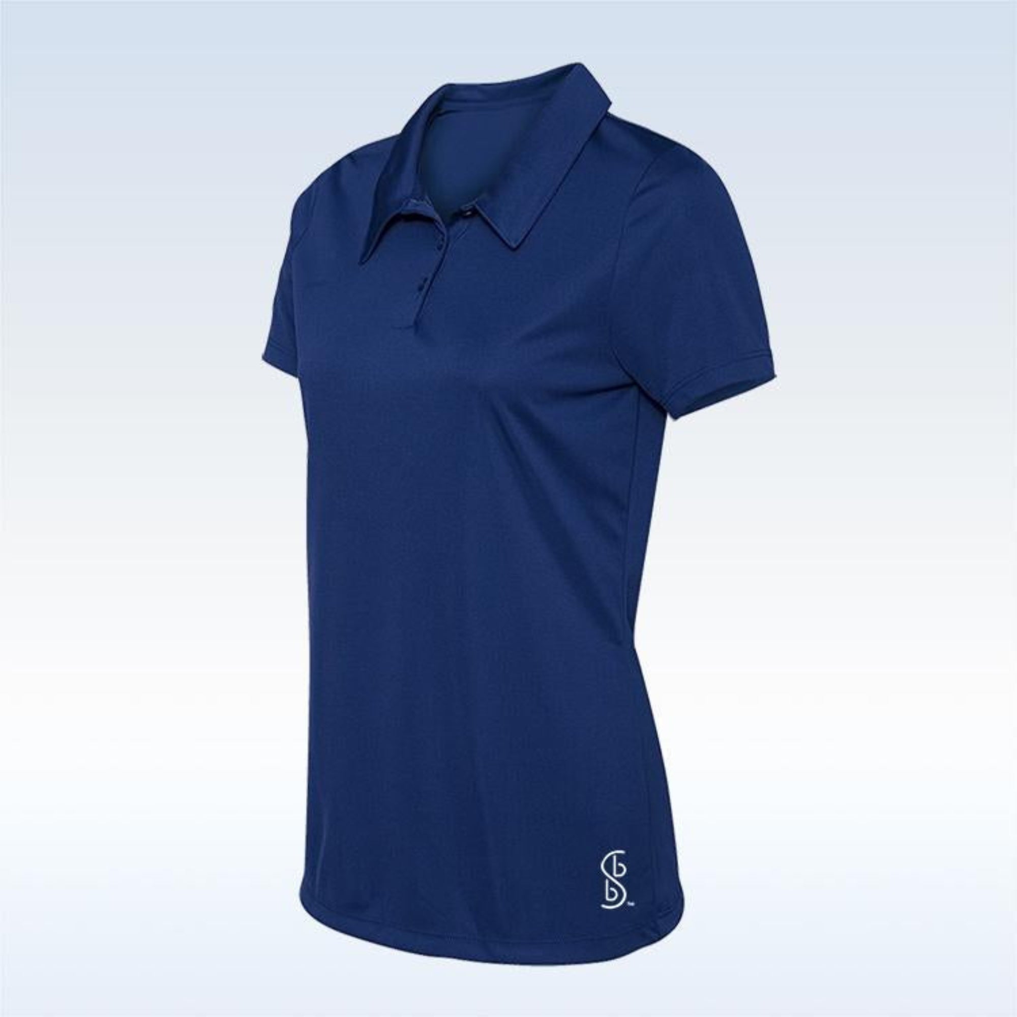 Navy blue polo shirt with a logo on a light blue background