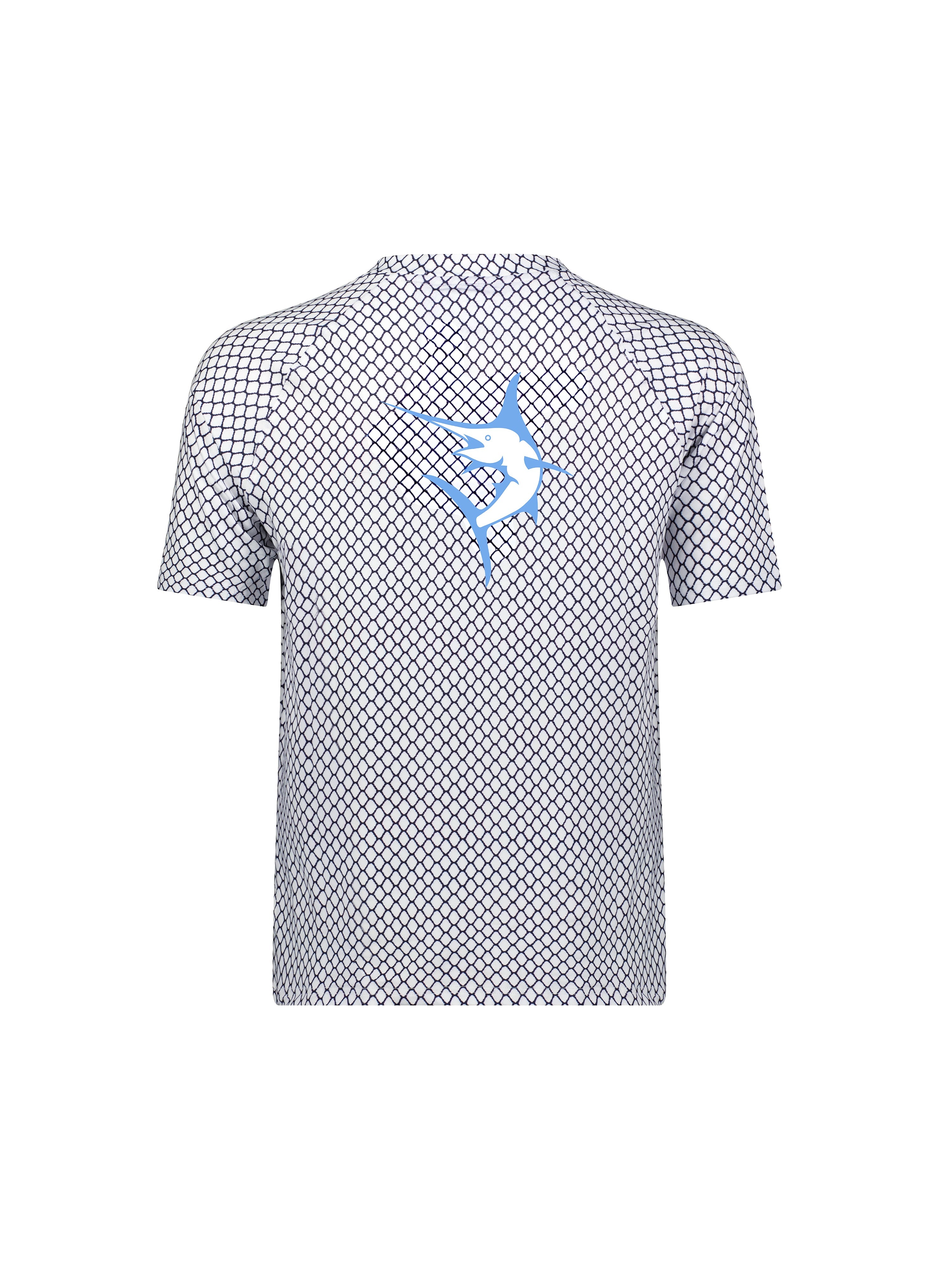 Gray patterned t-shirt with a blue logo on a white background
