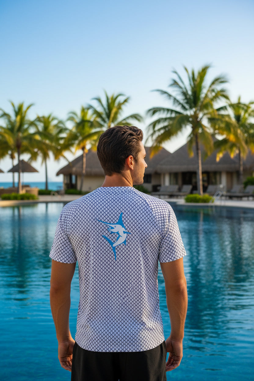 Gray patterned t-shirt with a blue logo on a white background