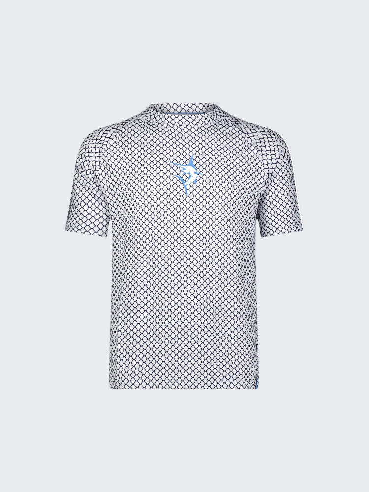 White t-shirt with black geometric pattern on a white background