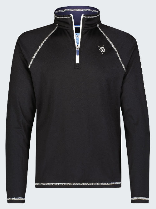 Black long-sleeve pullover with white accents on a white background