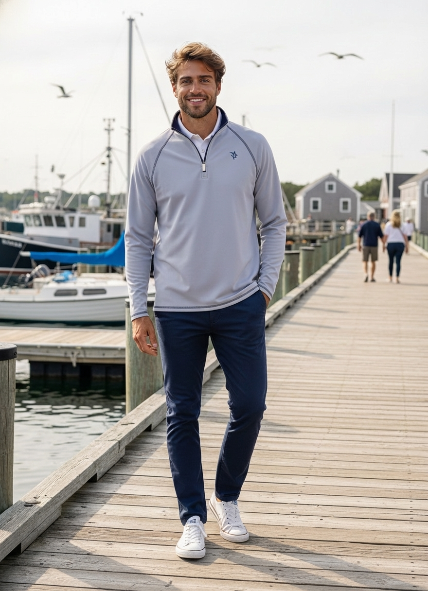 Man standing on a wooden dock by a harbor, wearing a light gray pullover and dark blue pants.