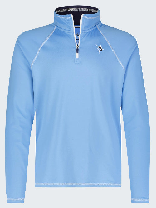 Light blue long-sleeve shirt with a quarter-zip design on a white background