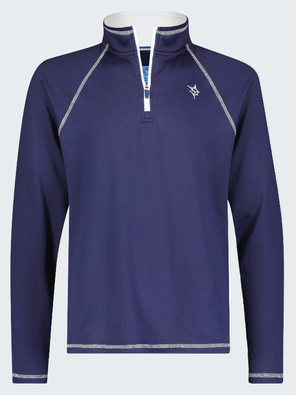 Blue long-sleeve shirt with a white collar on a white background