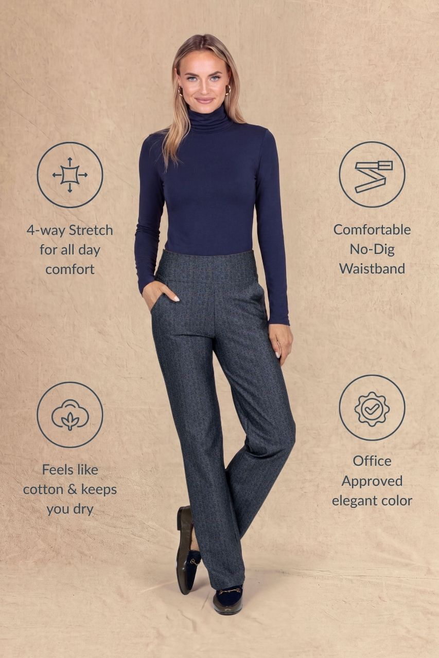A woman modeling a navy blue mock-neck long-sleeve top and gray wide-leg trousers against a textured beige background, surrounded by feature callout icons and text highlighting comfort and fabric benefits.