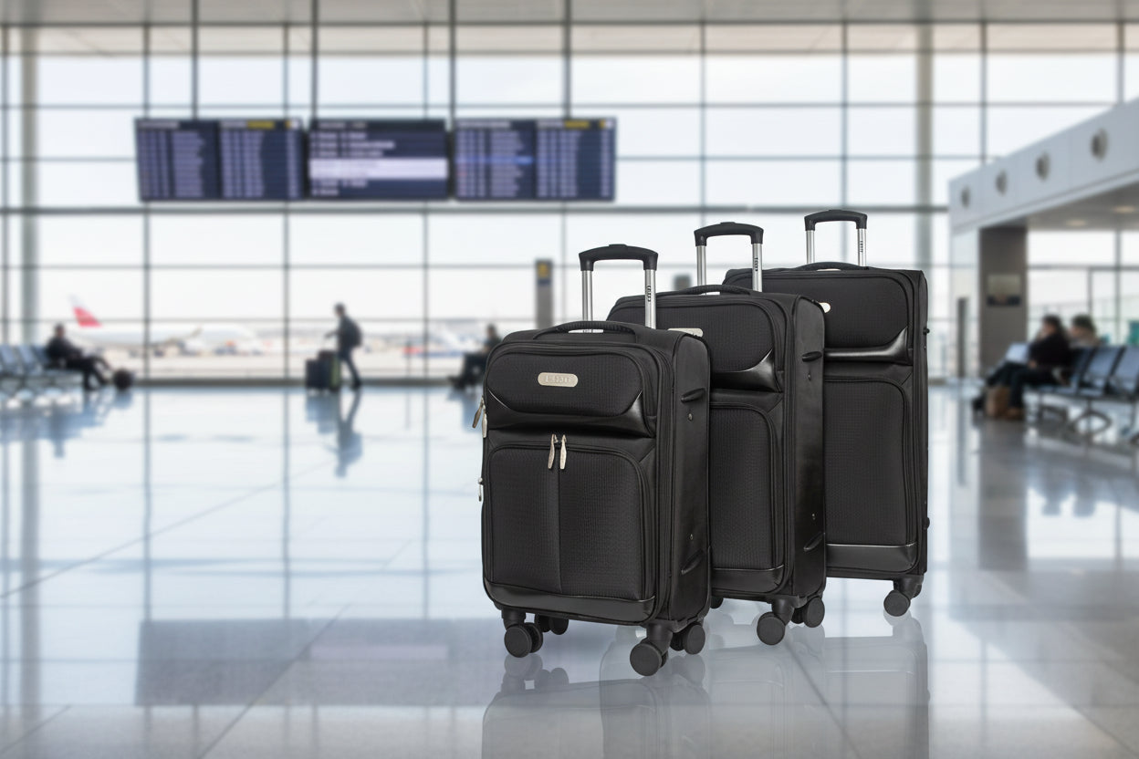 Three black suitcases of different sizes on a white background