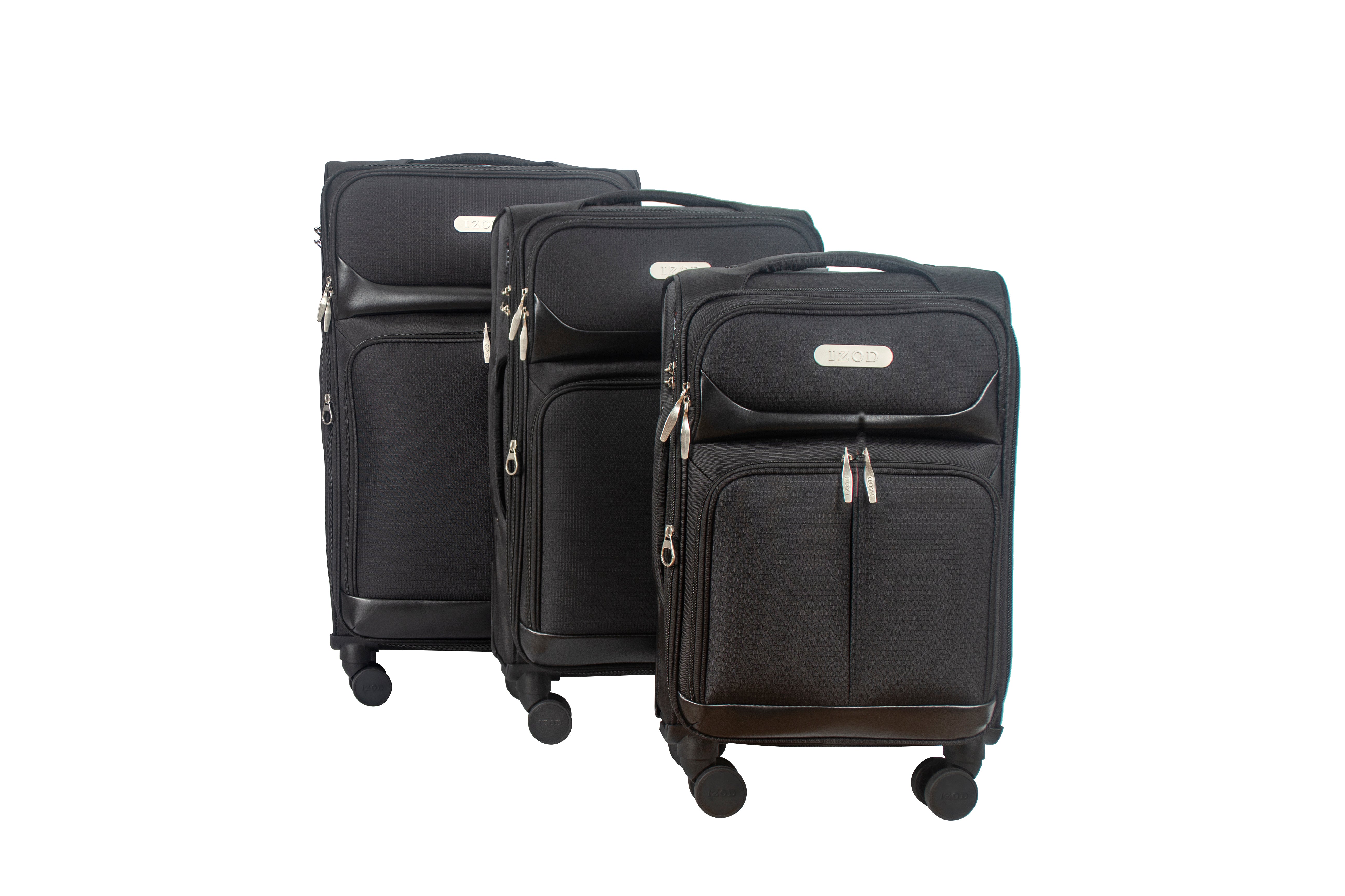 Three black suitcases of different sizes on a white background