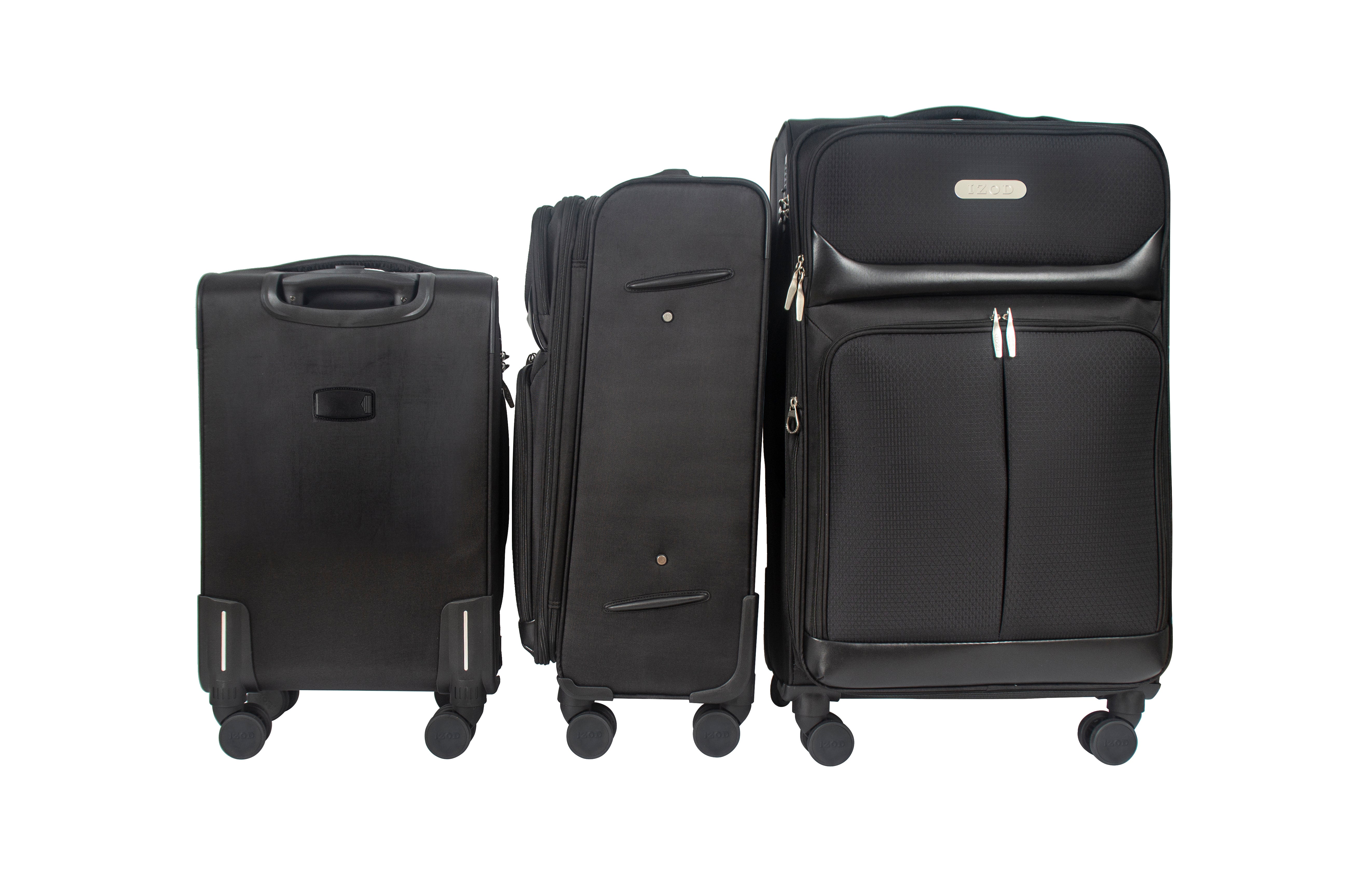 Three black suitcases of different sizes on a white background