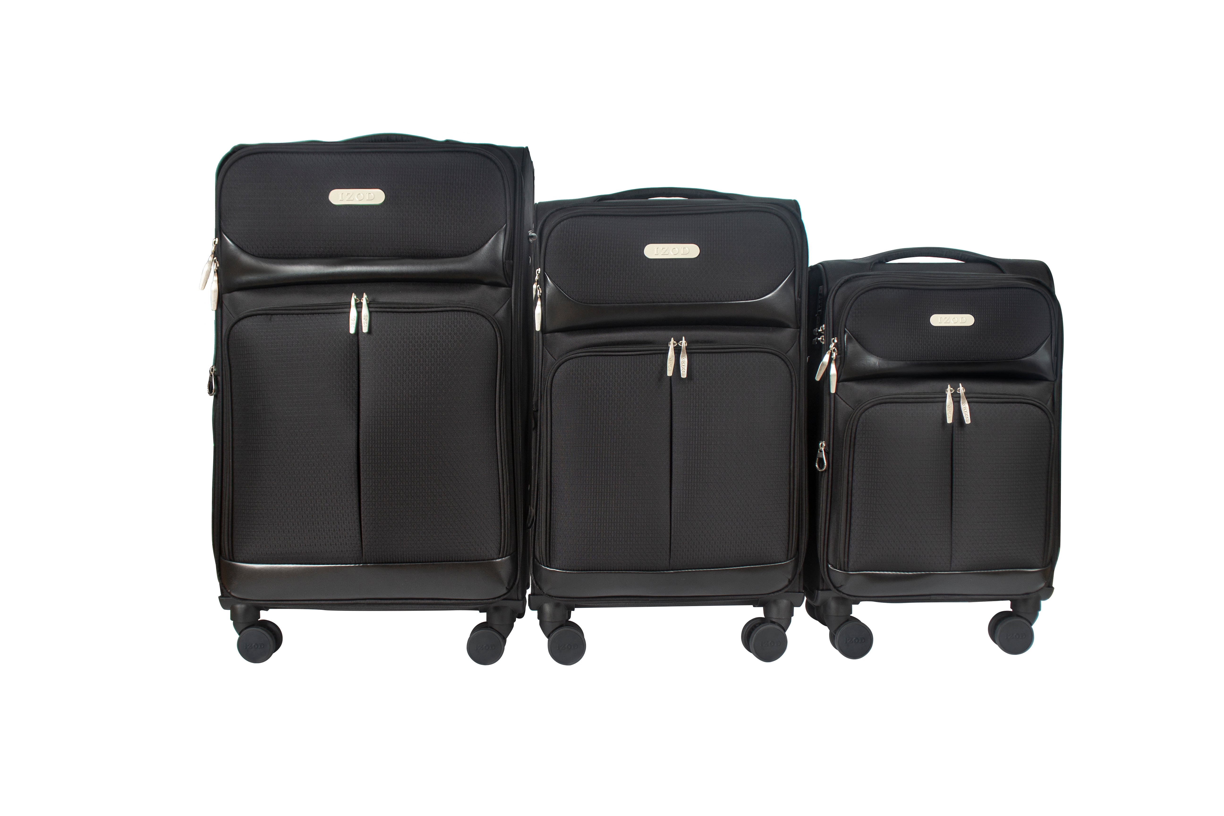 Three black suitcases of different sizes on a white background