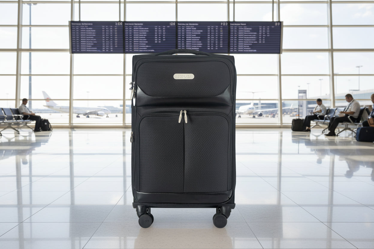 Black suitcase with wheels on a white background