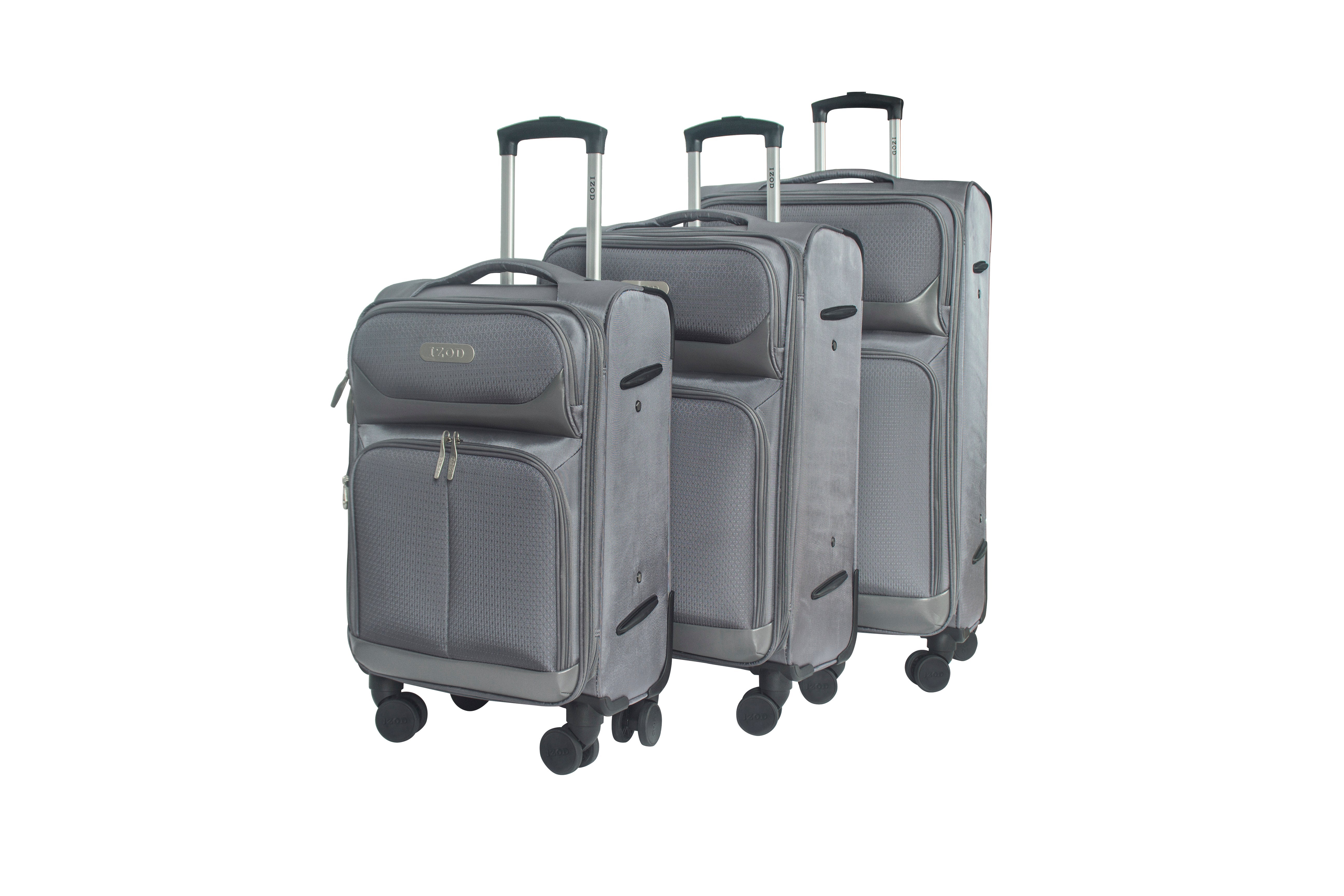 Three gray suitcases of different sizes on a white background