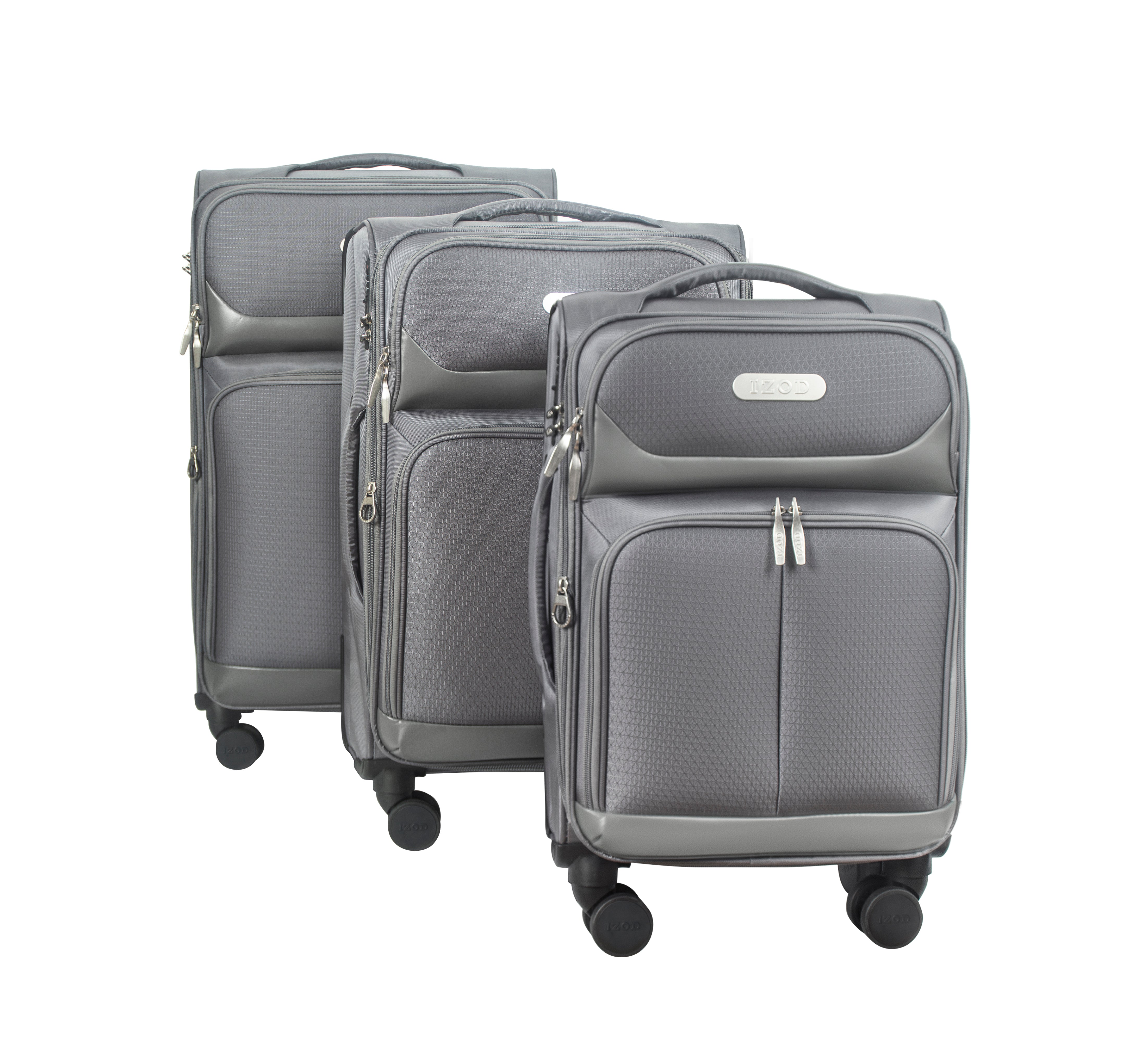 Set of three gray suitcases with wheels on a white background