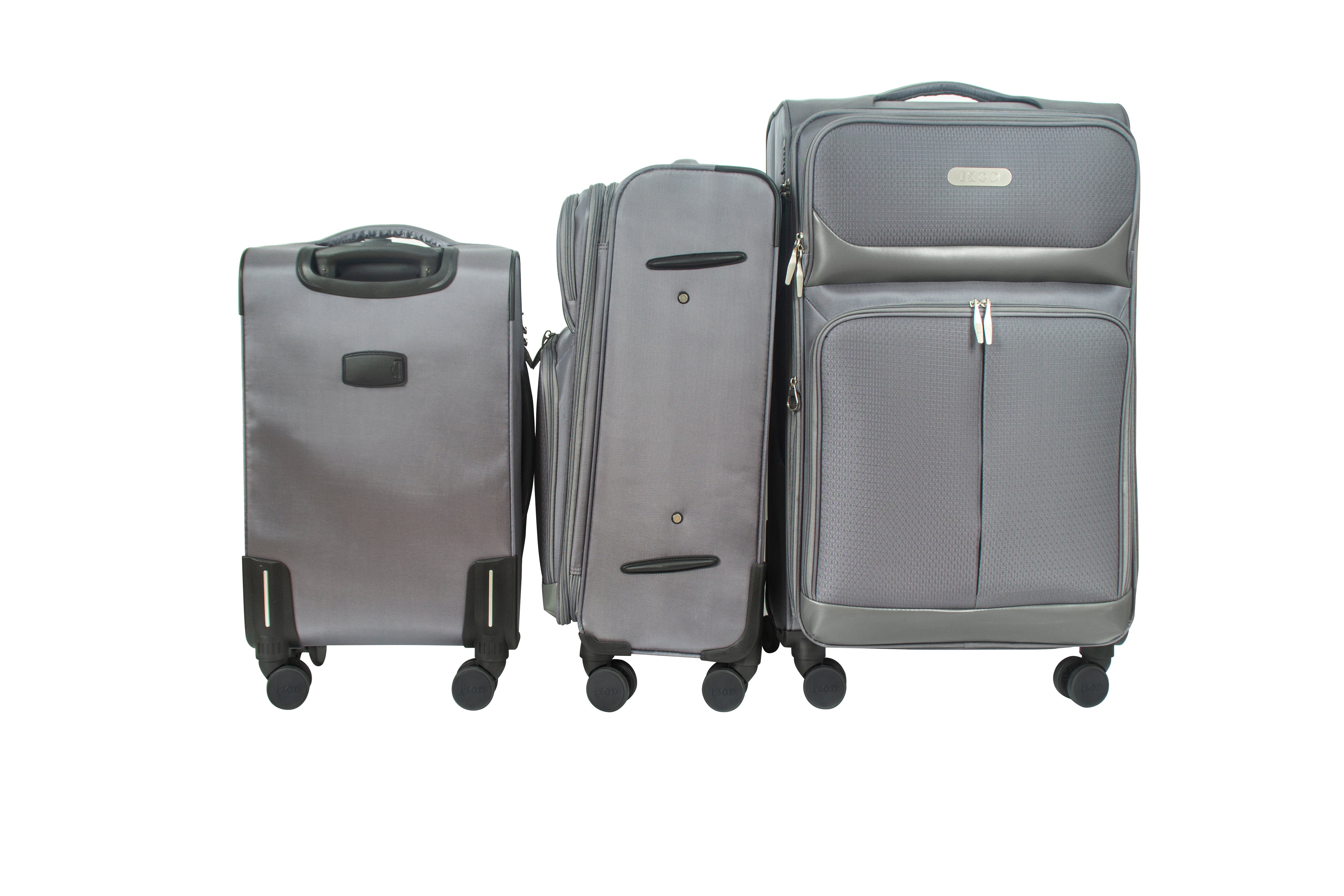 Set of three gray suitcases of different sizes on a white background