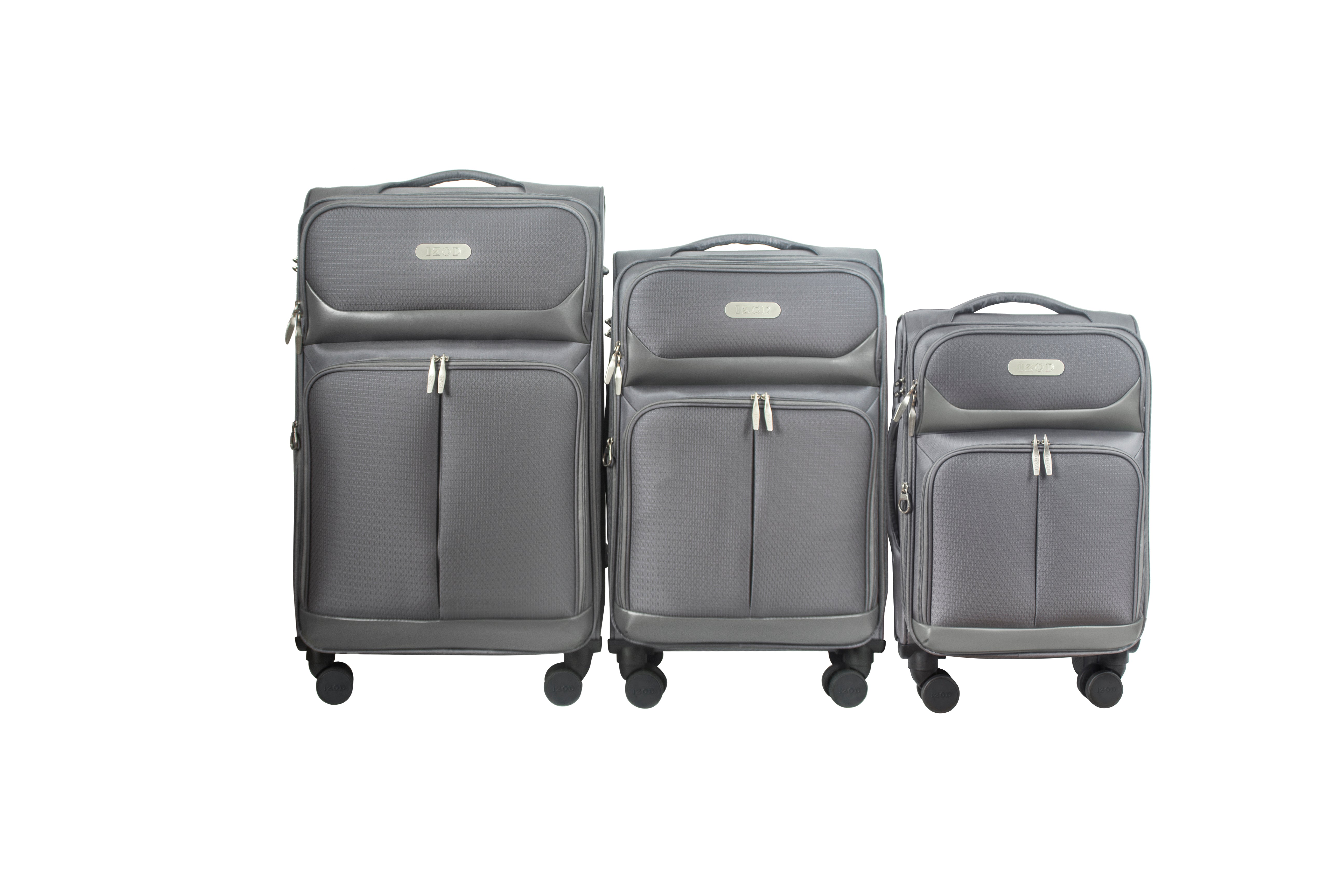 Set of three gray suitcases of different sizes on a white background