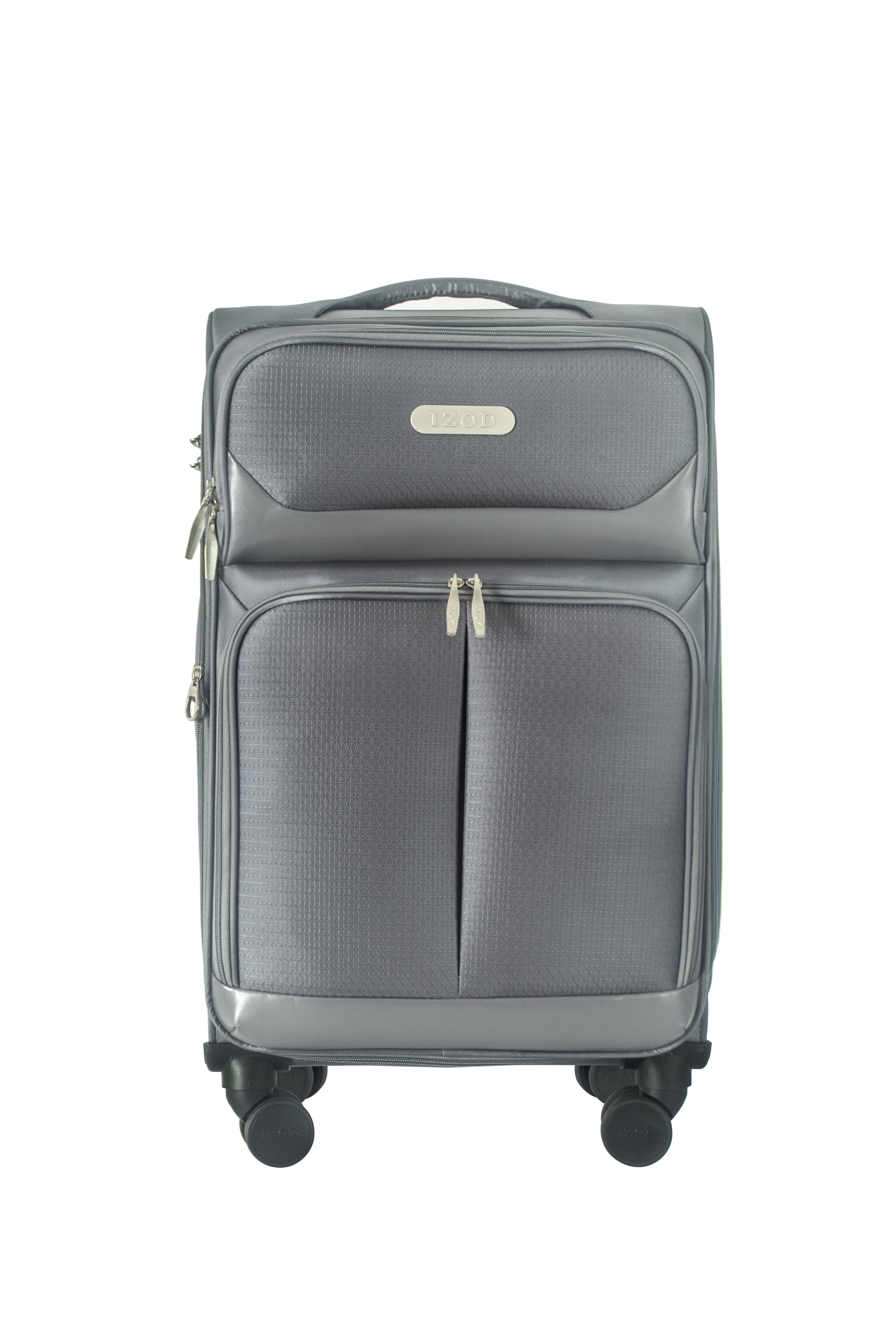 Gray suitcase with wheels on a white background