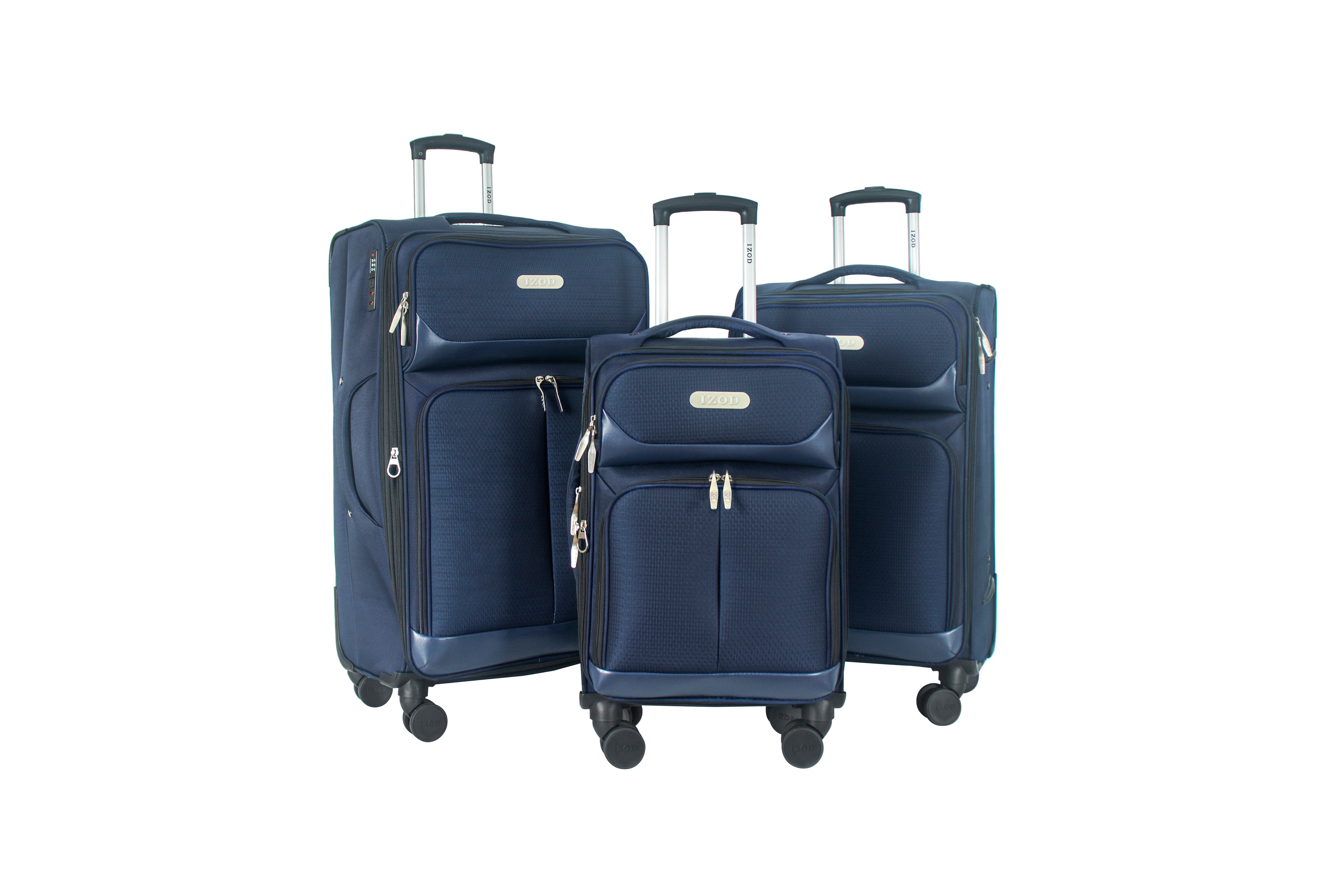Set of three blue suitcases with wheels on a white background