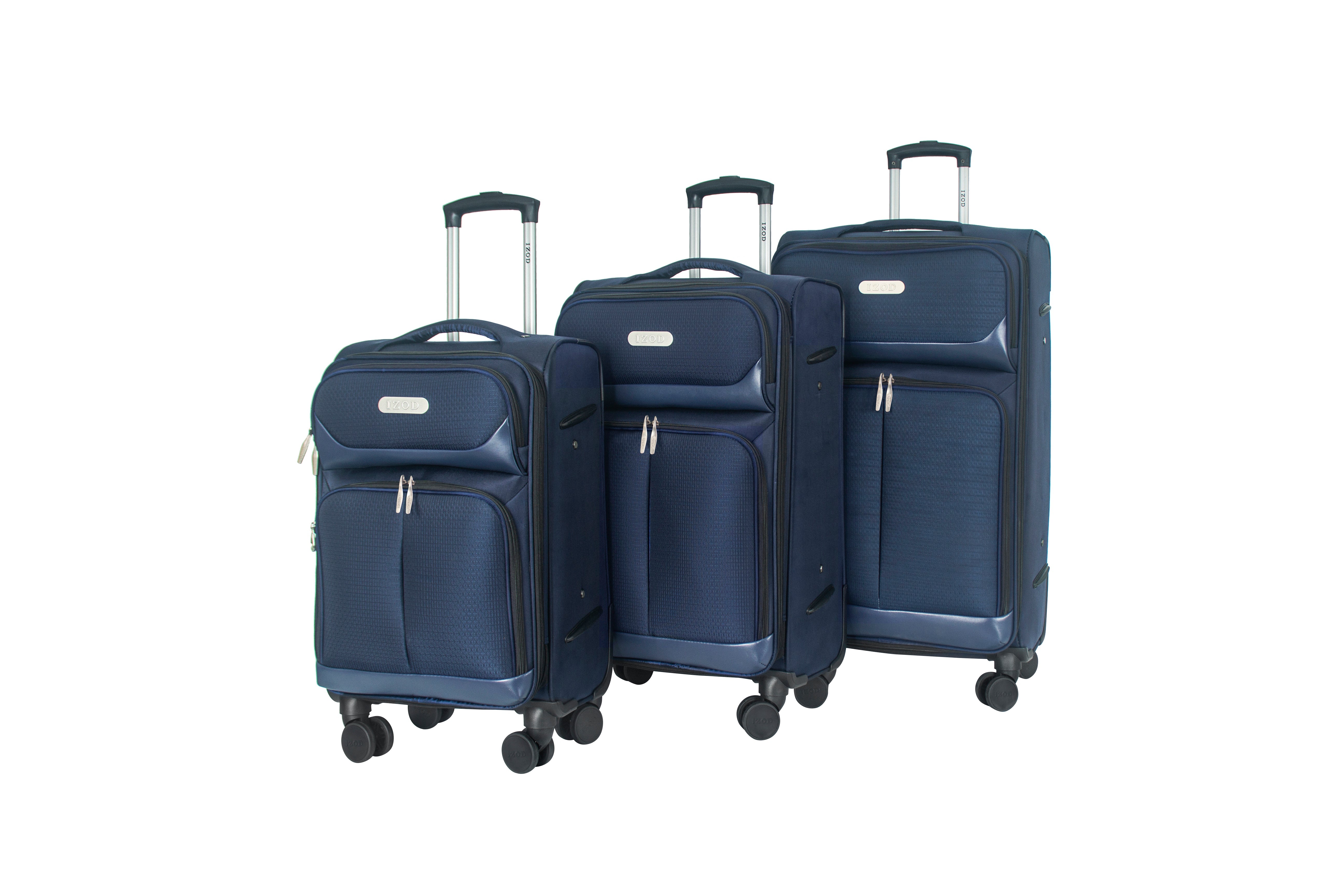 Three navy blue suitcases of different sizes on a white background