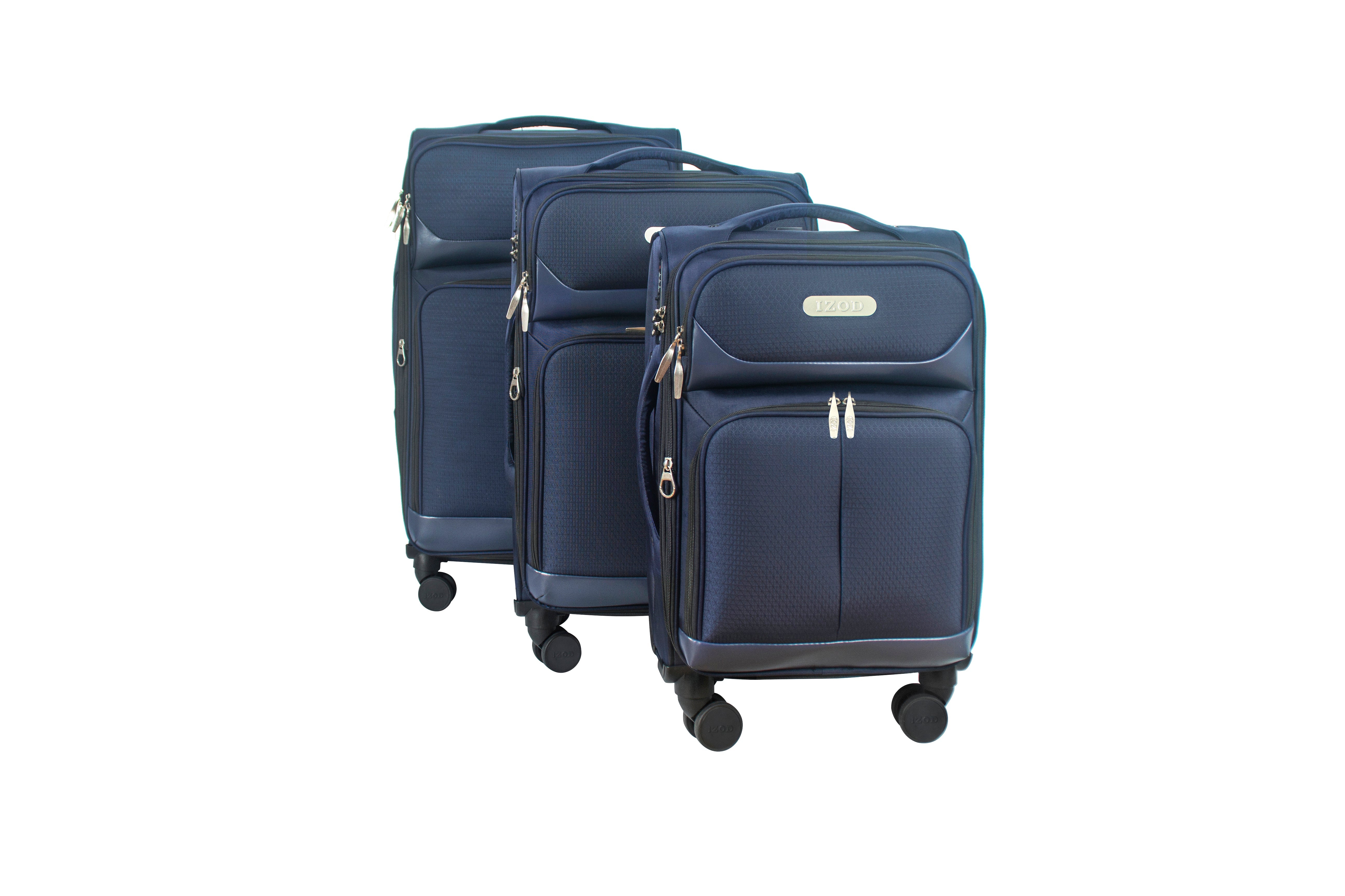 Three navy blue suitcases of different sizes on a white background