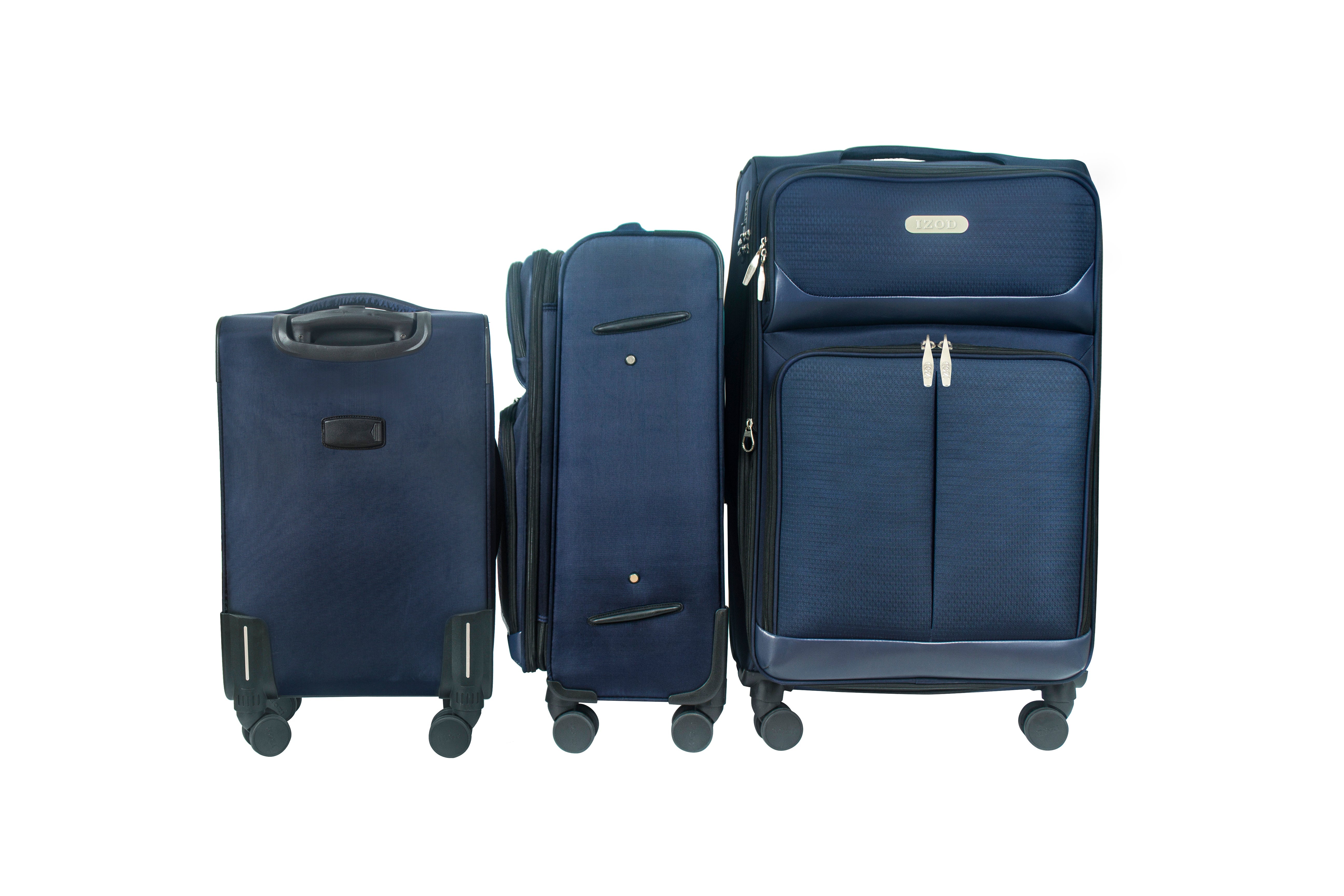 Set of three blue suitcases of different sizes on a white background