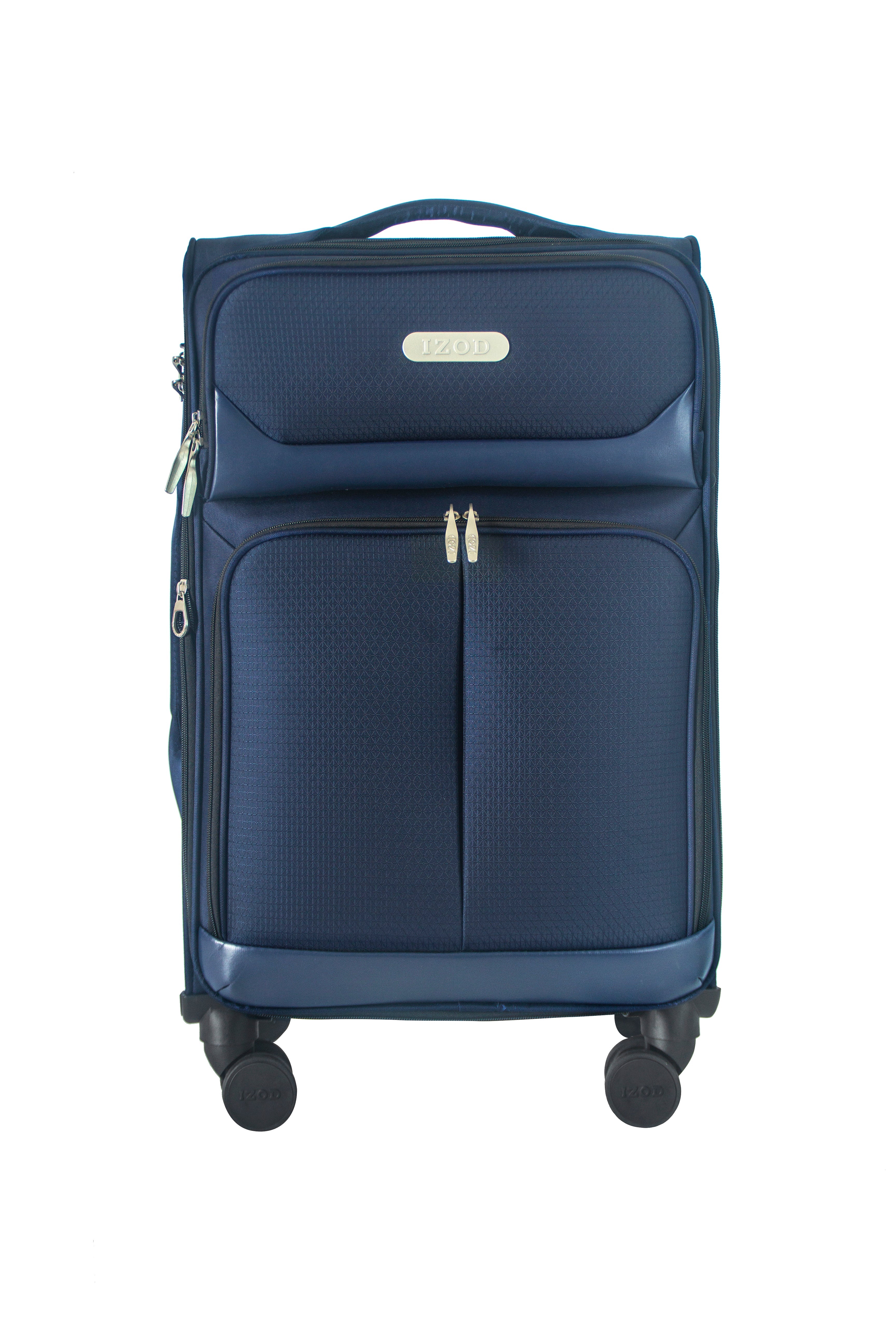 Blue suitcase with wheels on a white background