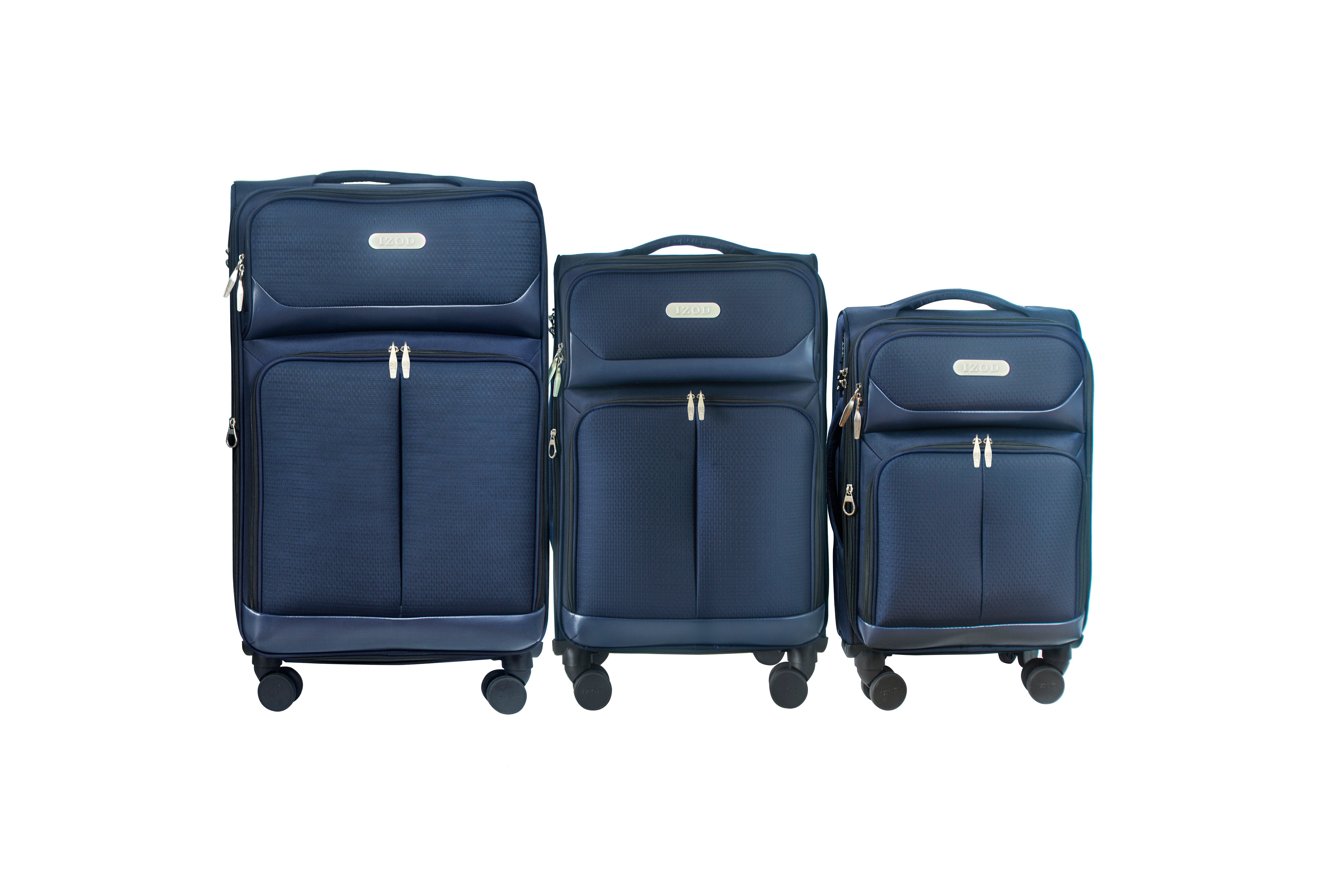 Three navy blue suitcases of different sizes on a white background