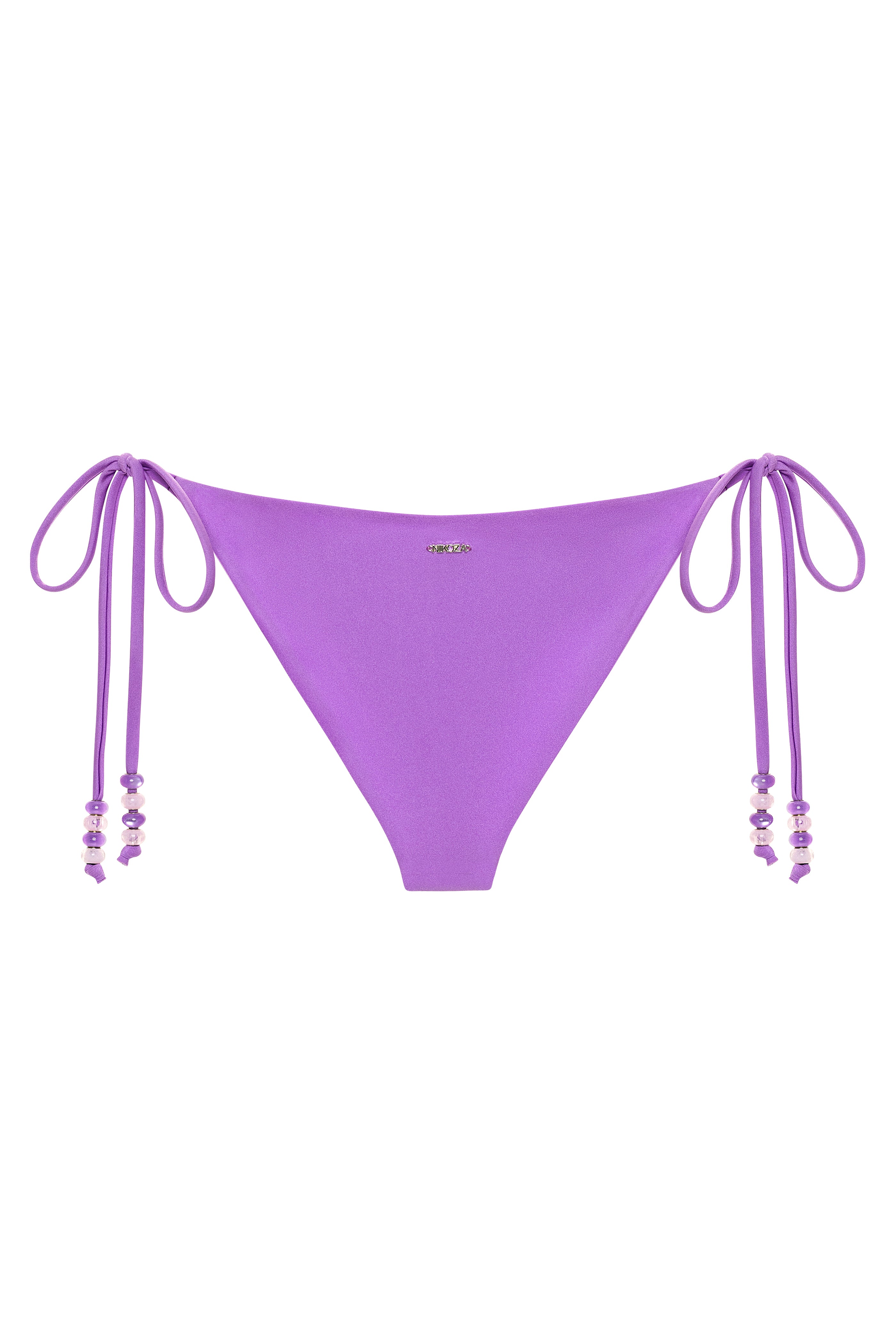 Purple bikini bottom with string ties on a white background