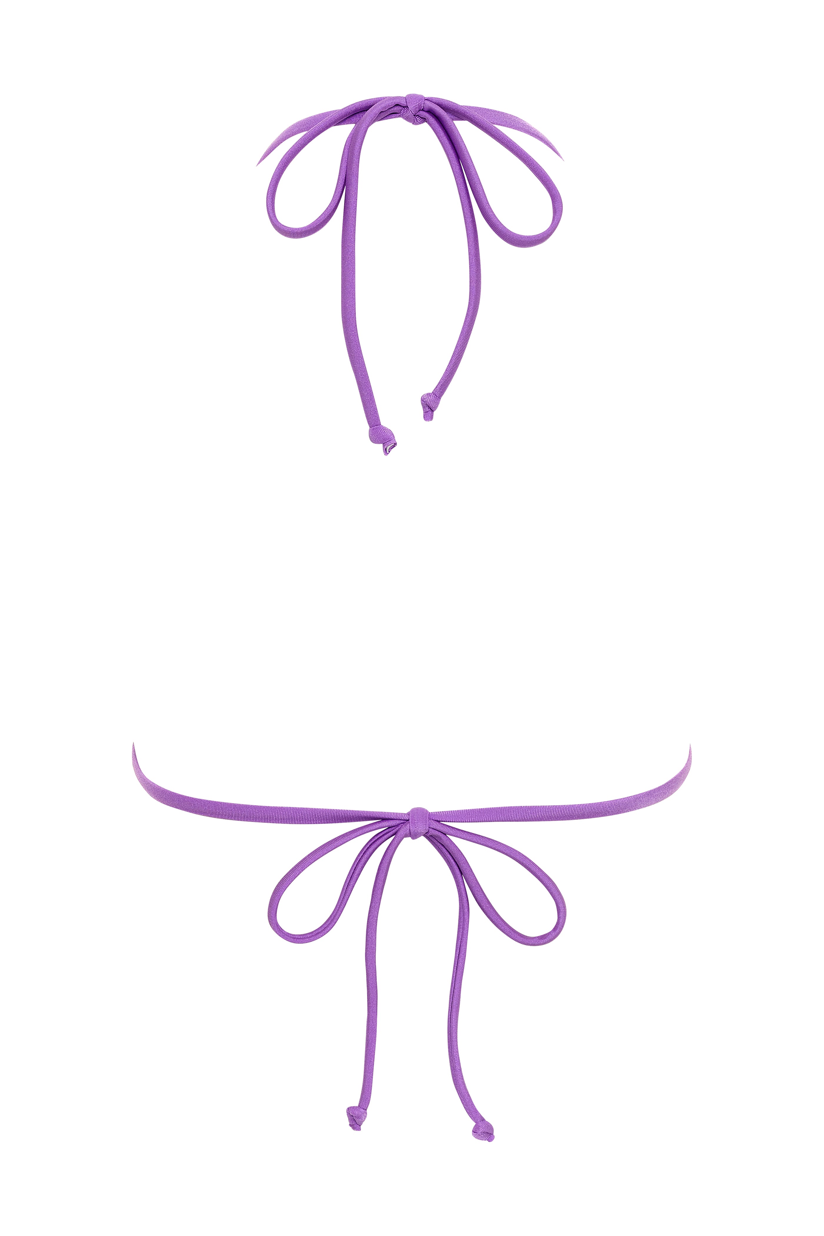 Purple bikini top and bottom set on a white background