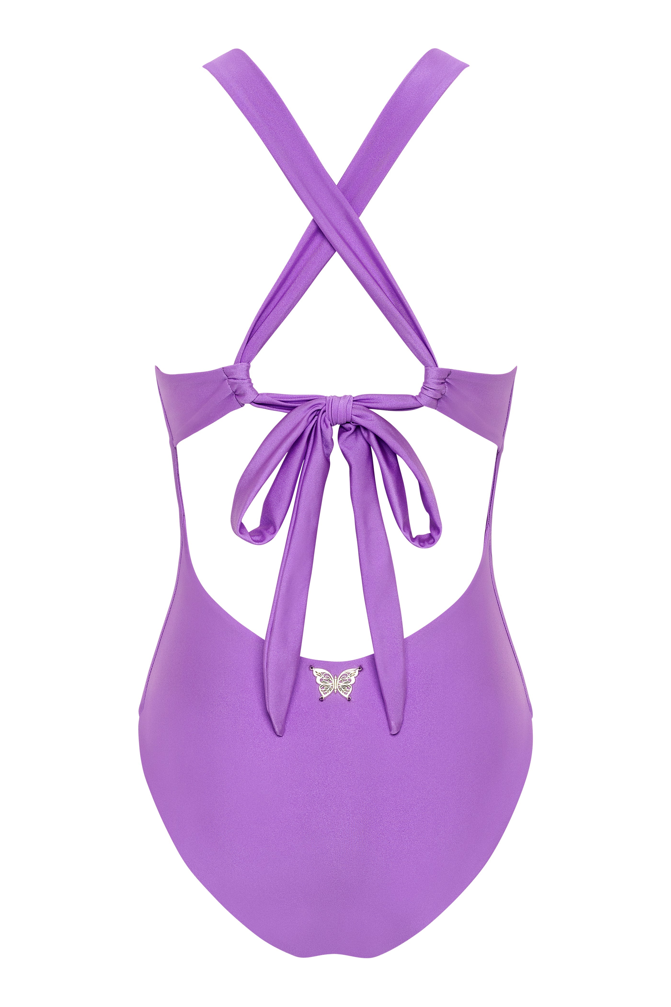 Purple swimsuit with a bow and butterfly detail on a white background