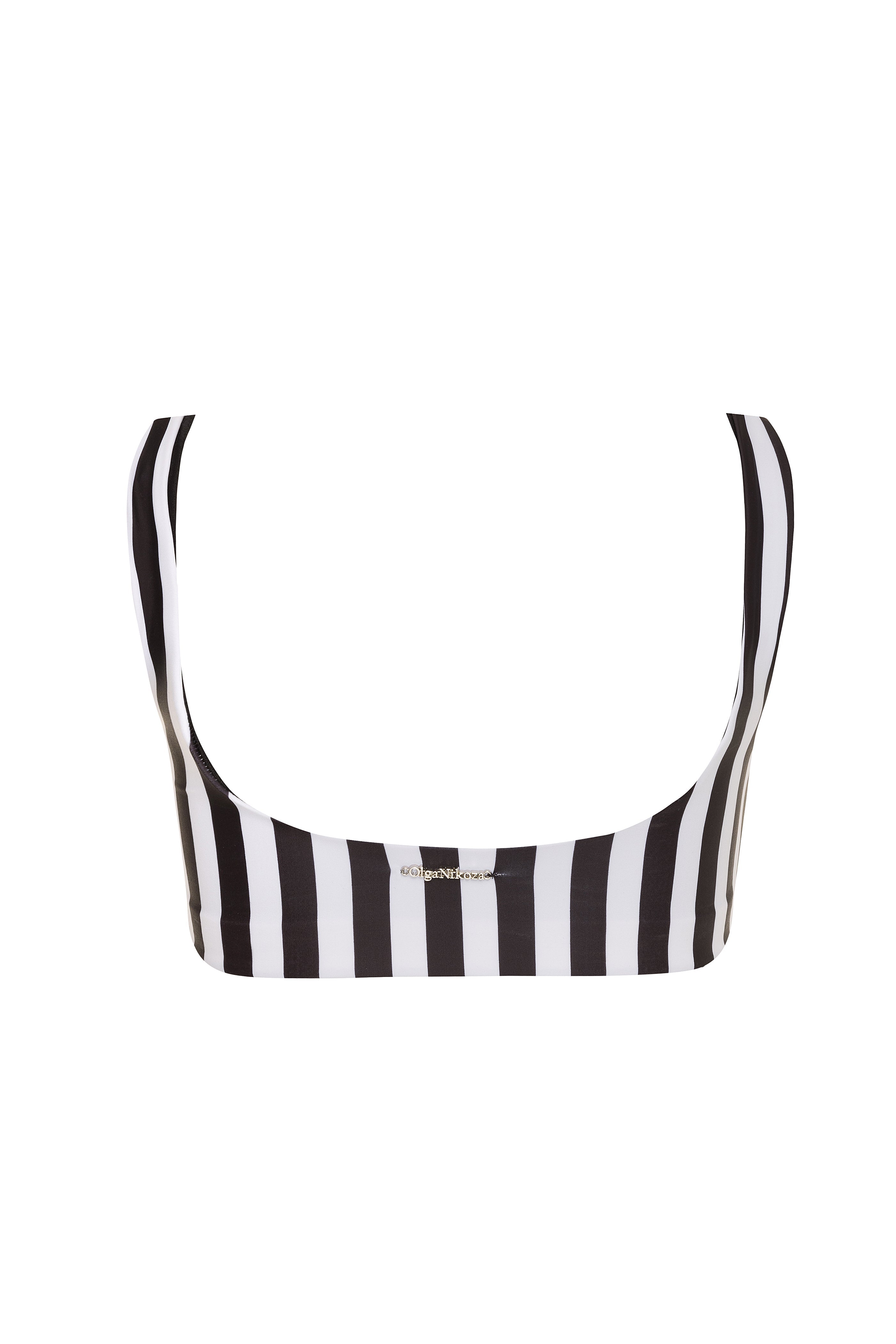 Black and white striped bikini top on a white background