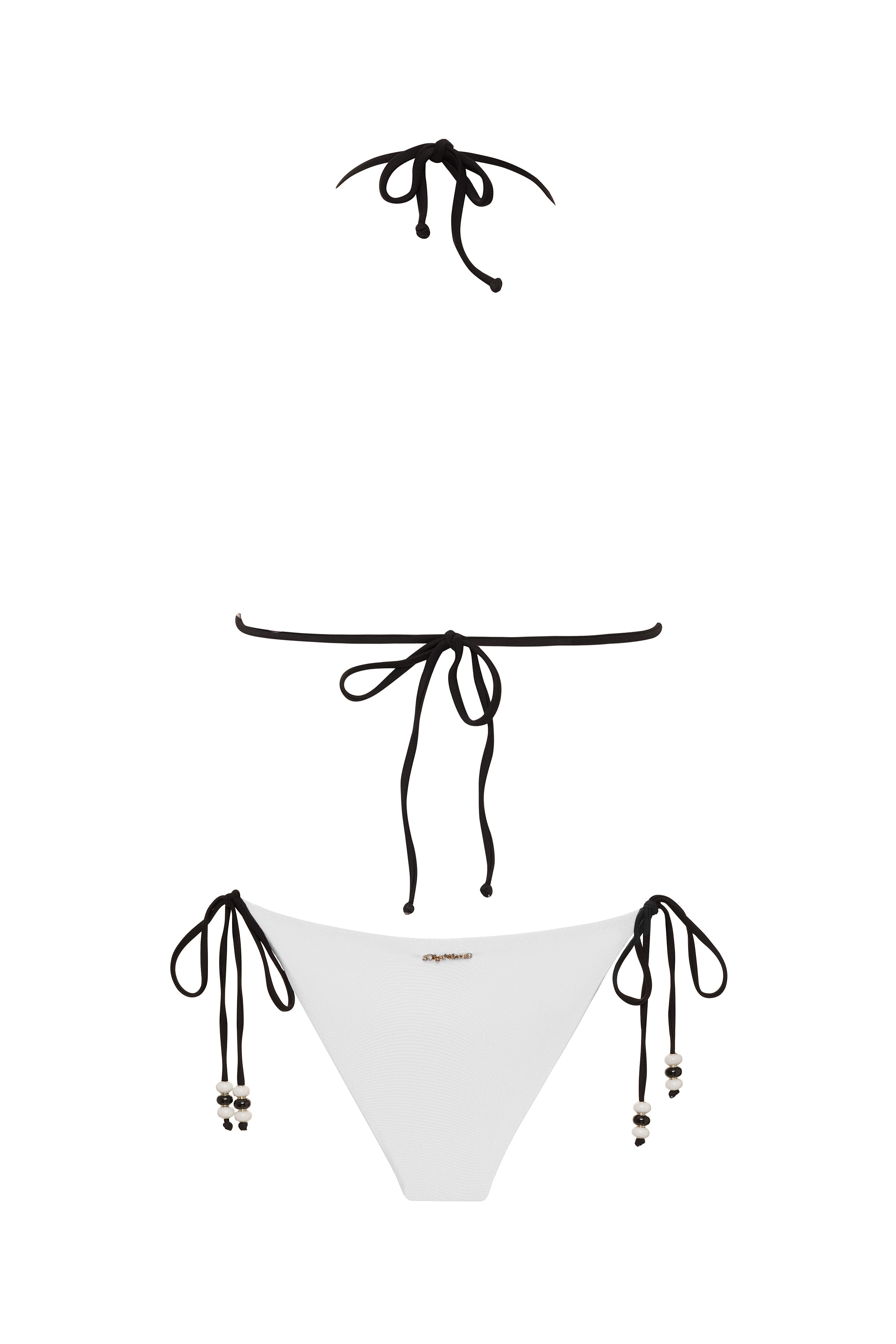 Black bikini top and bottom with string details on a white background