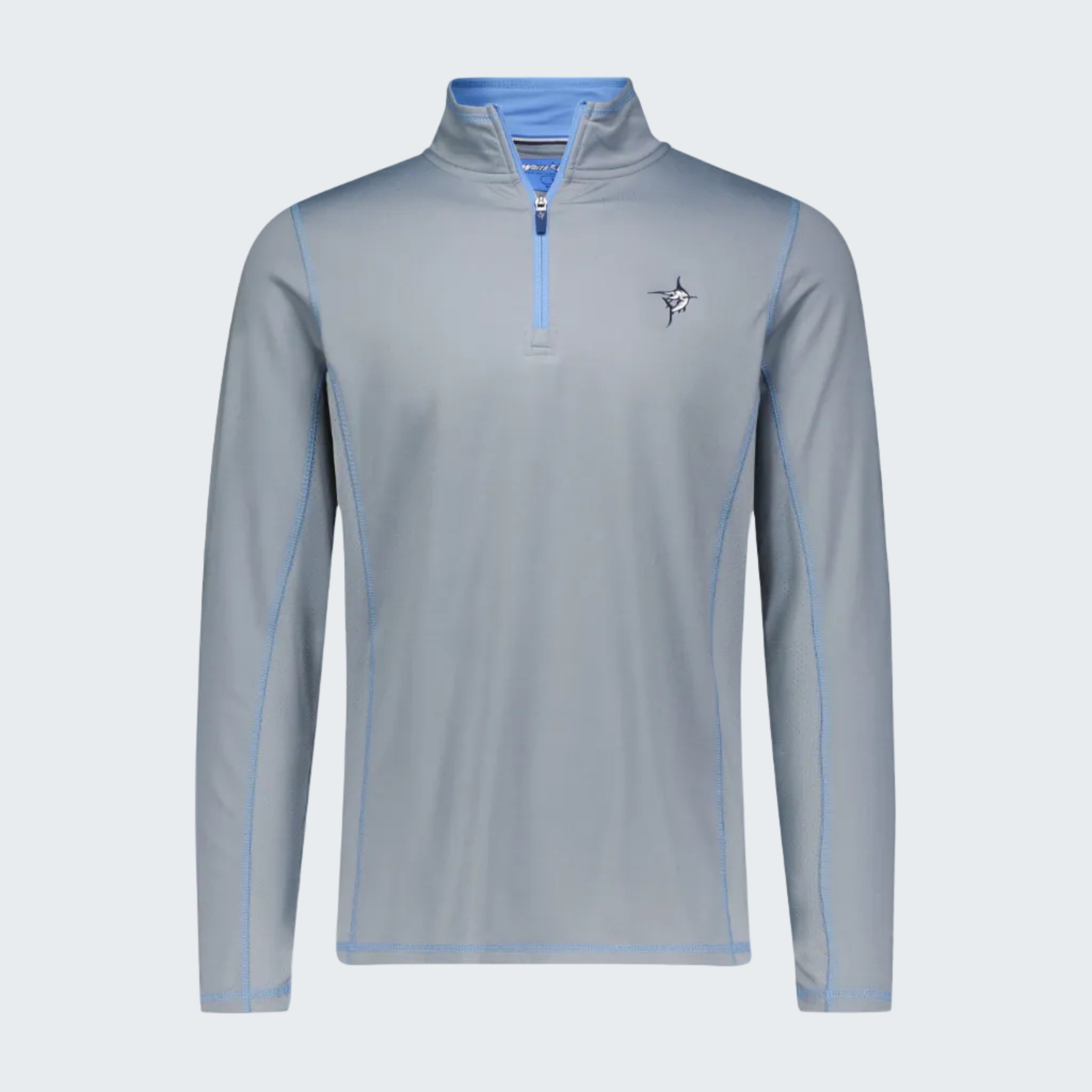 Gray long-sleeve shirt with blue accents on a white background