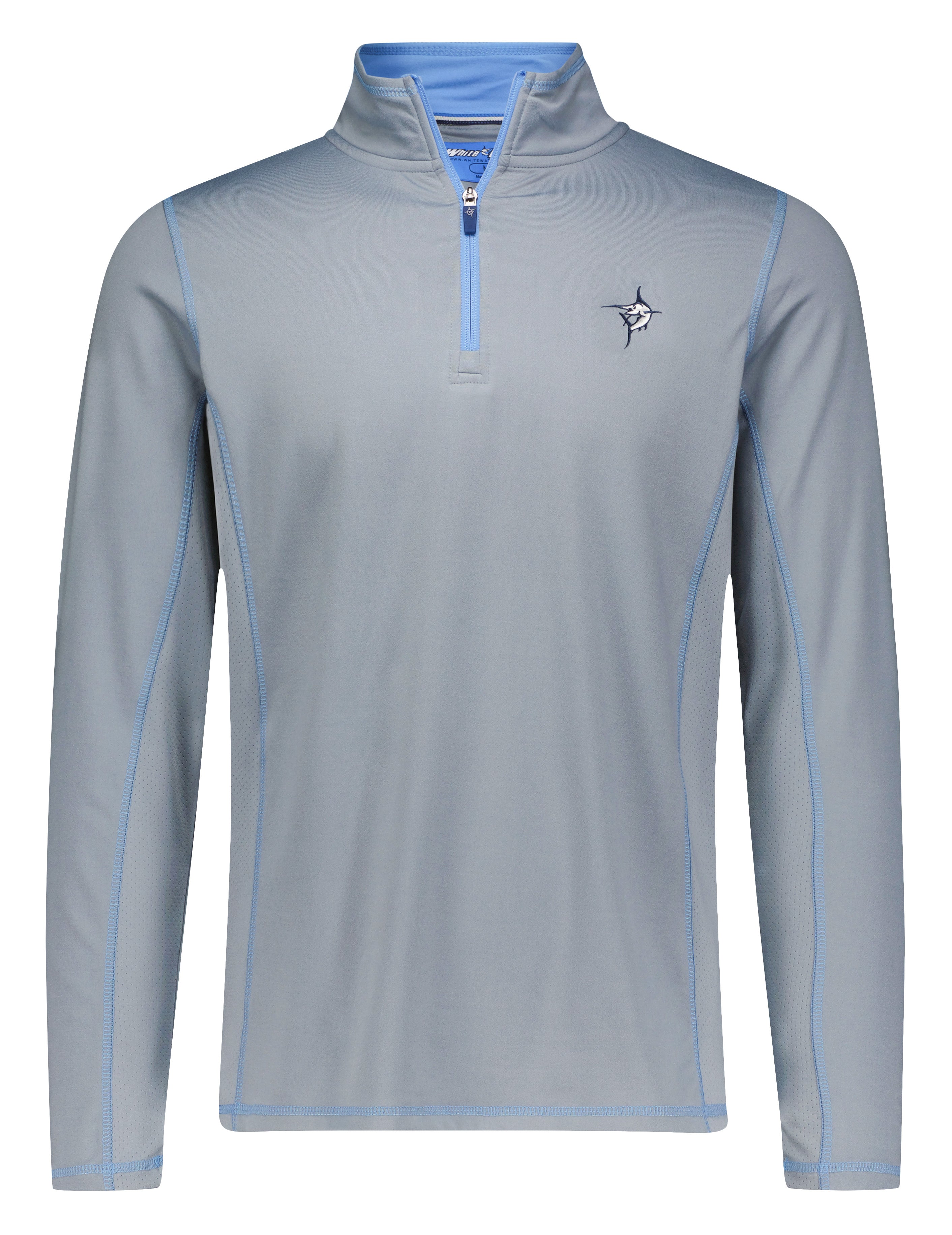 Gray long-sleeve shirt with blue accents on a white background