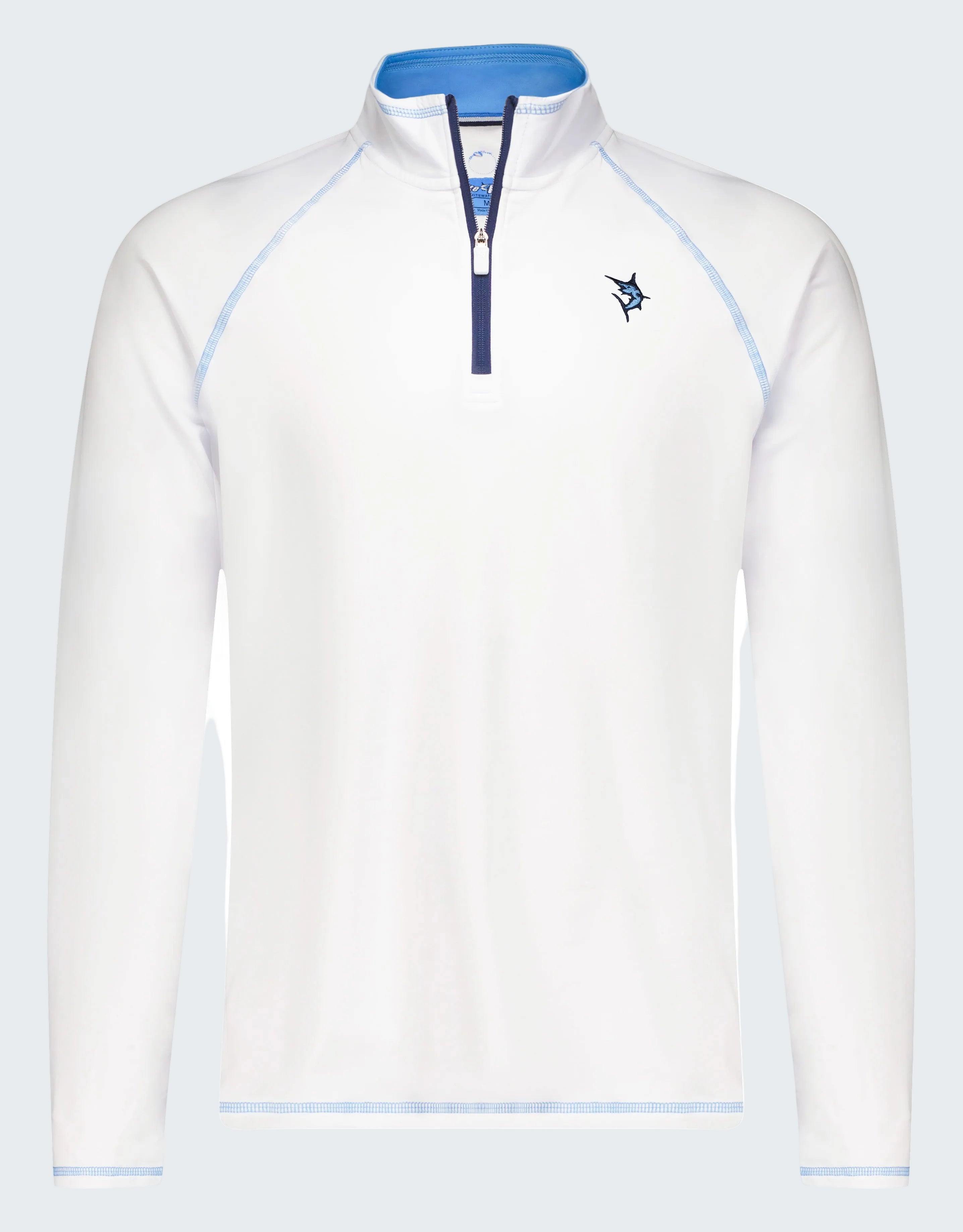 White long-sleeve shirt with blue accents on a white background