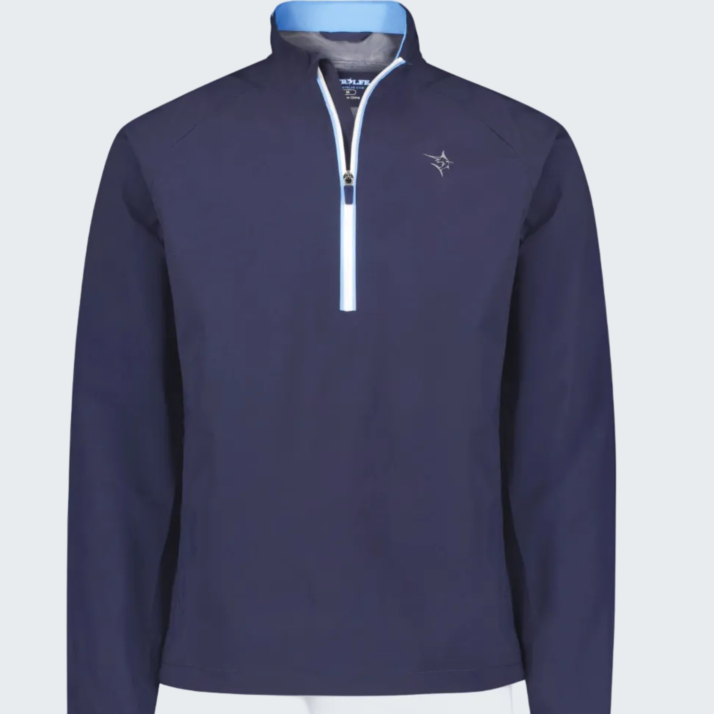 Navy blue pullover with a quarter zip on a white background
