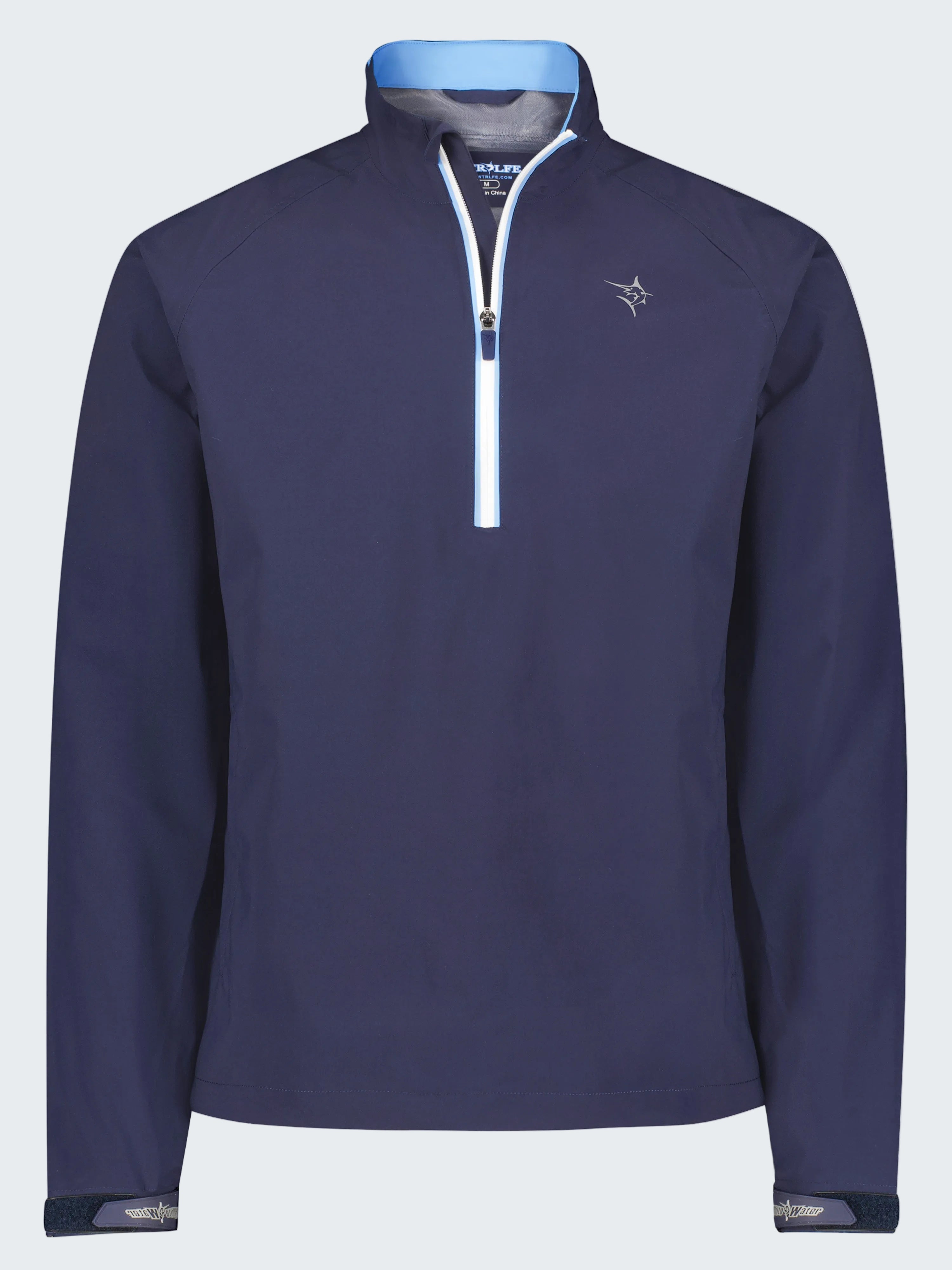 Navy blue pullover with a quarter zip on a white background
