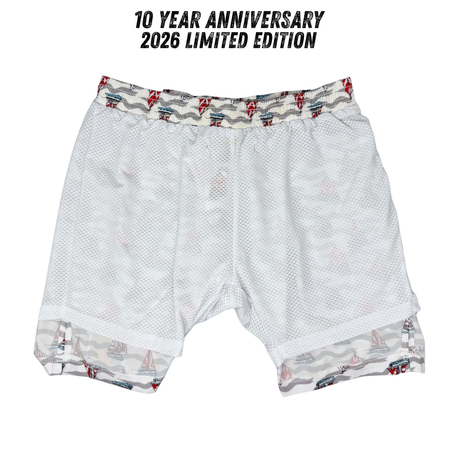 White boxer briefs with patterned waistband and hem on a white background, featuring '10 Year Anniversary 2026 Limited Edition' text.