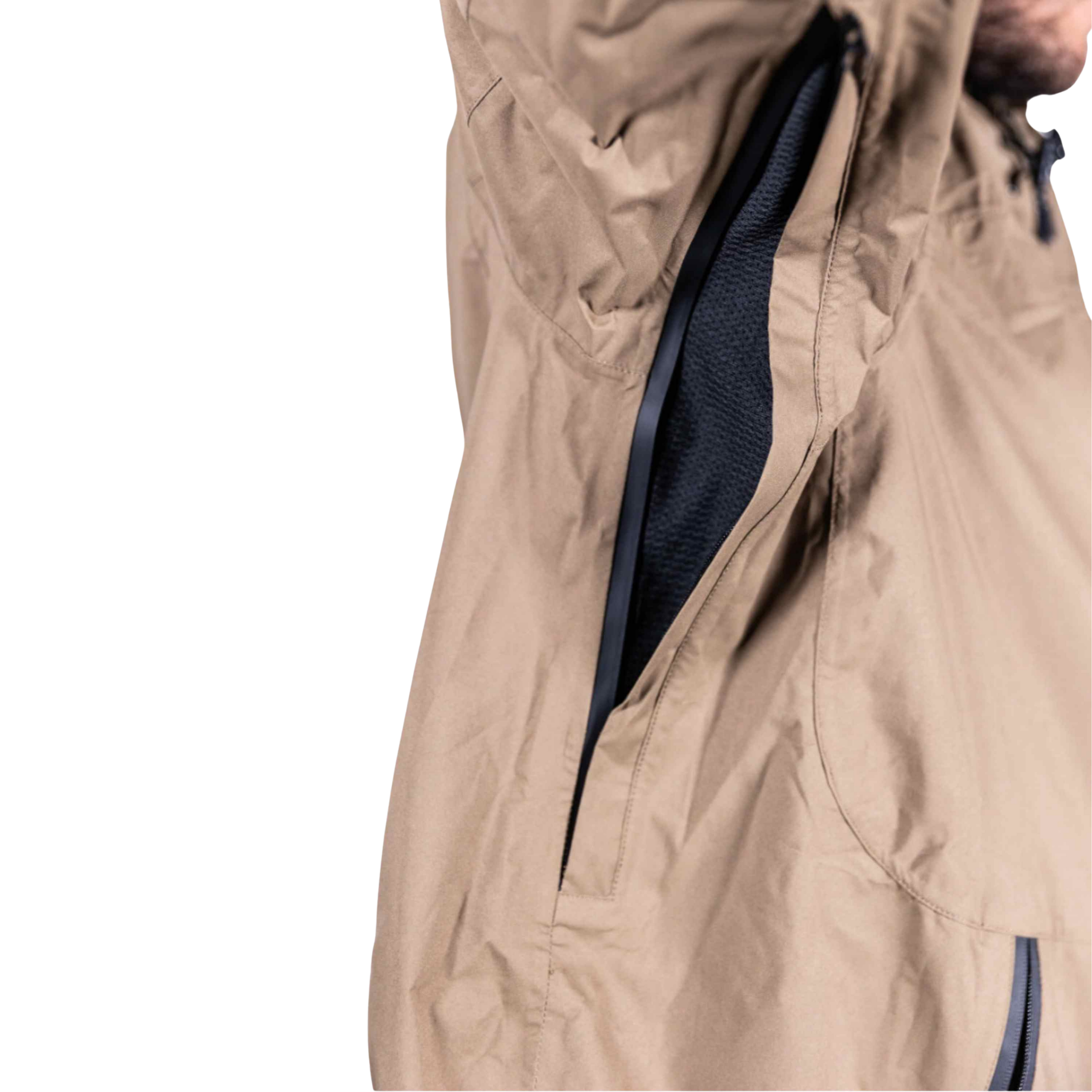 Close-up of a beige jacket with a black zipper on a white background
