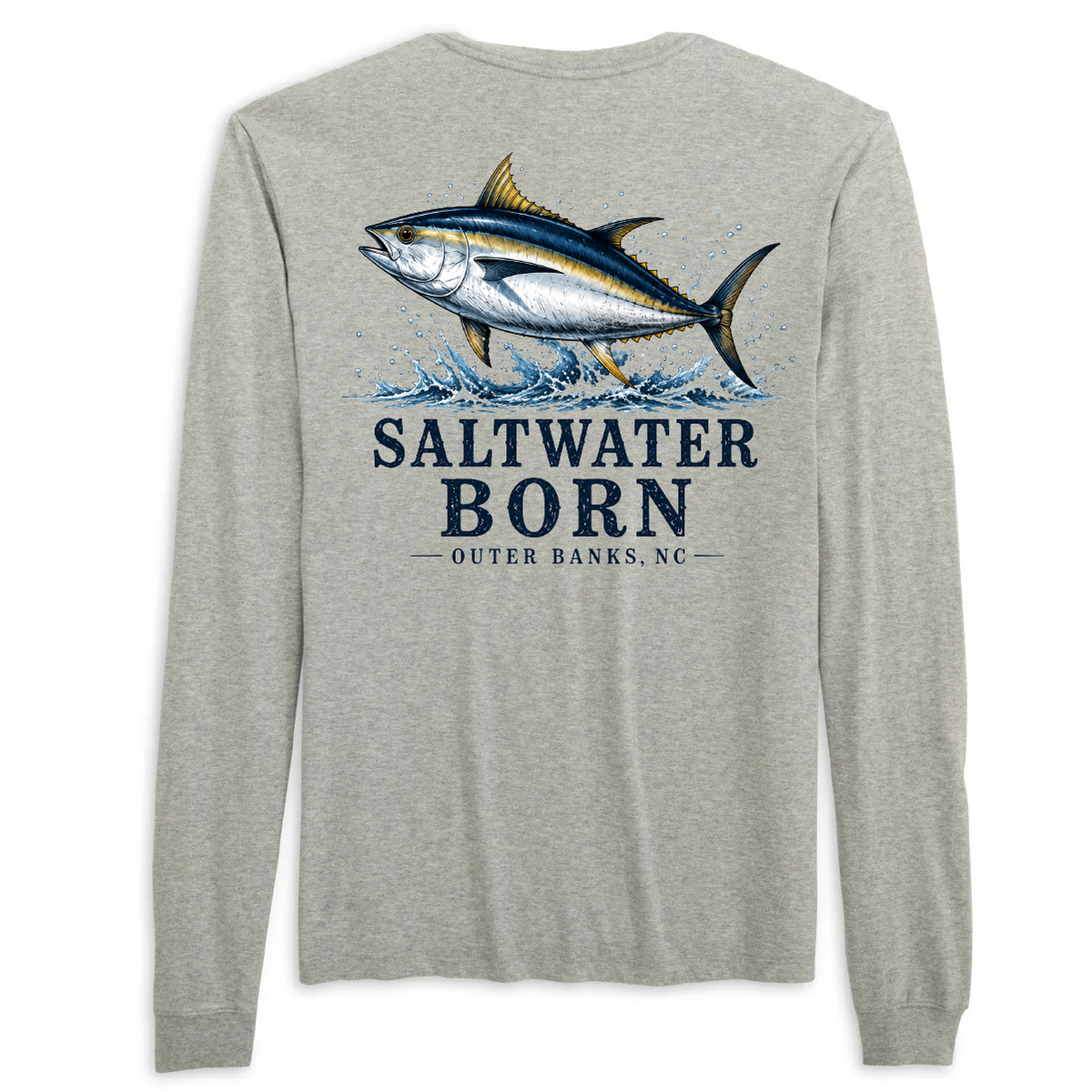 A heather gray long-sleeve t-shirt showing the back graphic, which features a large tuna fish jumping over blue water with the text 'SALTWATER BORN' and 'OUTER BANKS, NC'.